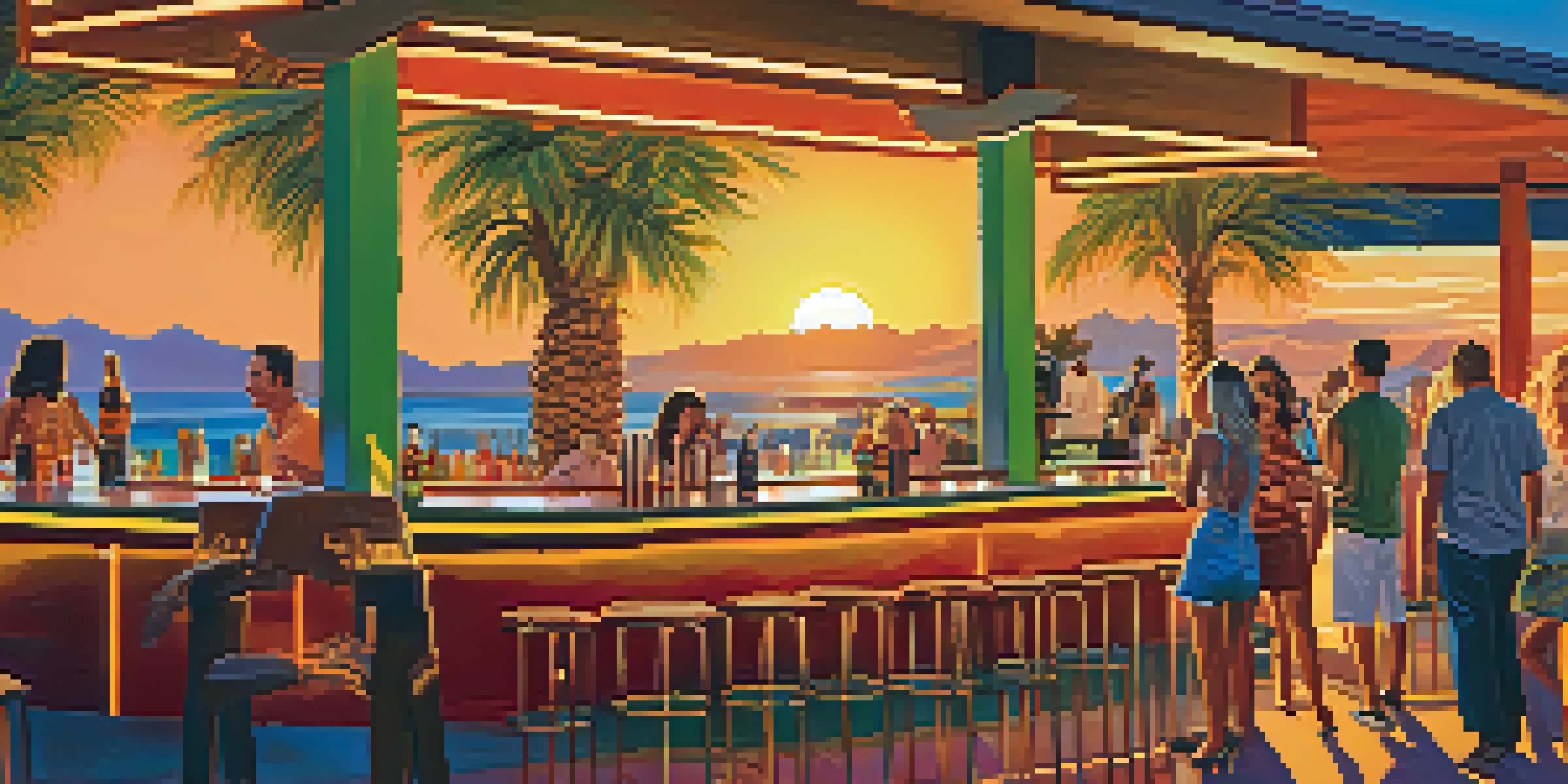 An outdoor bar scene with colorful cocktails on a table, palm trees, and a warm sunset.