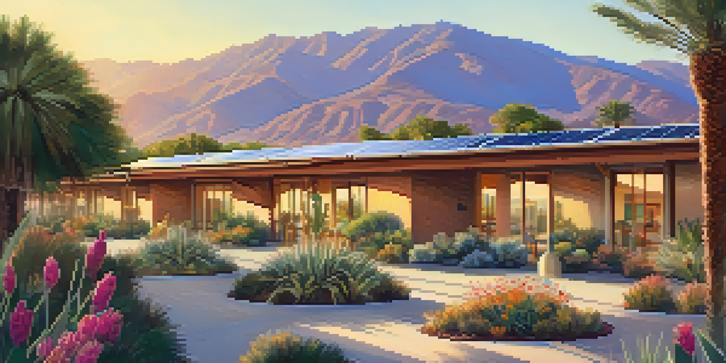 An eco-friendly hotel surrounded by gardens and mountains, showcasing solar panels and colorful desert flowers in bright sunlight.