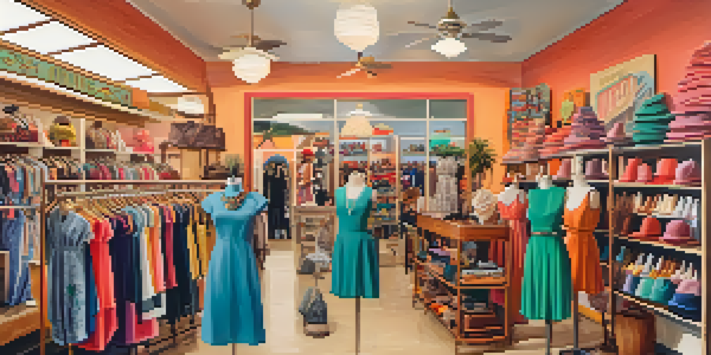 A colorful vintage clothing shop in Palm Springs filled with racks of mid-century dresses and quirky hats, with warm lighting and customers browsing.