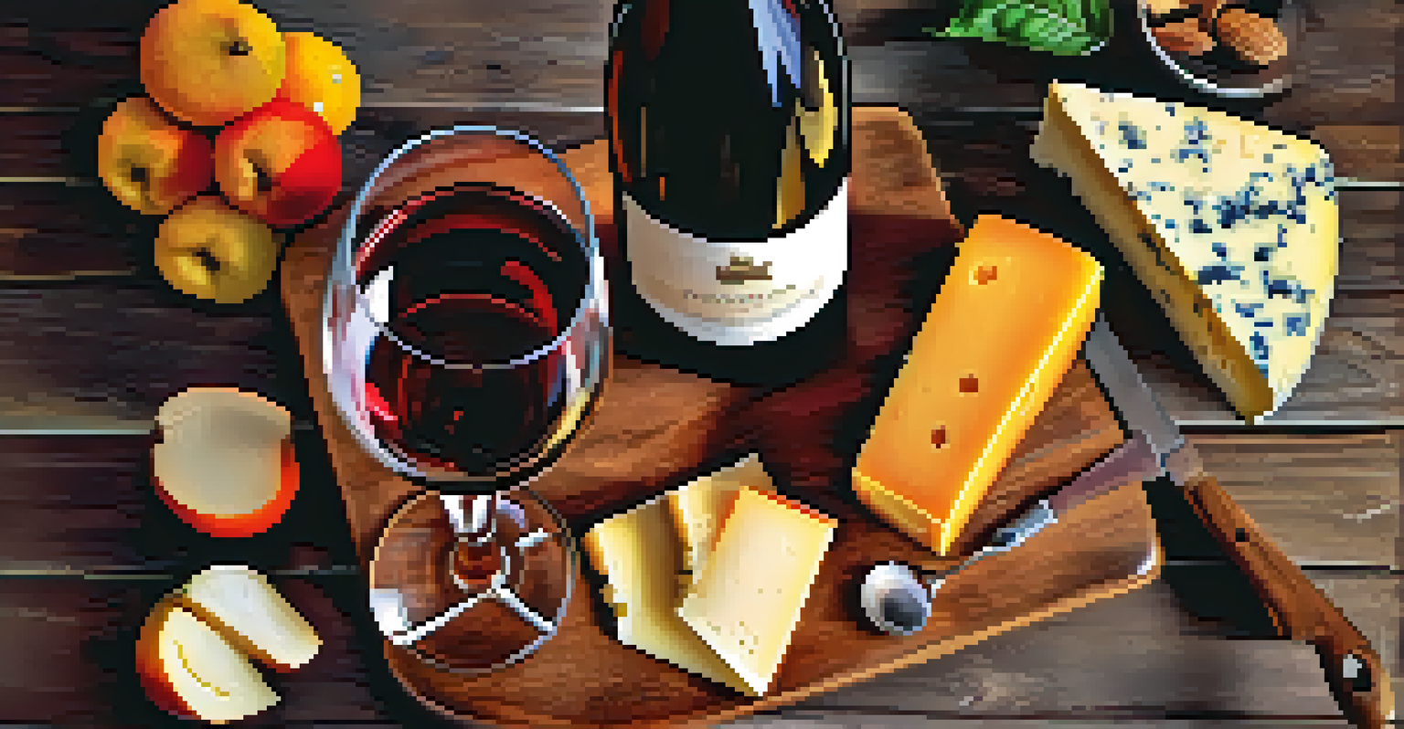 A flat lay of a wine bottle, glasses, and an assortment of cheeses and fruits on a rustic wooden table.