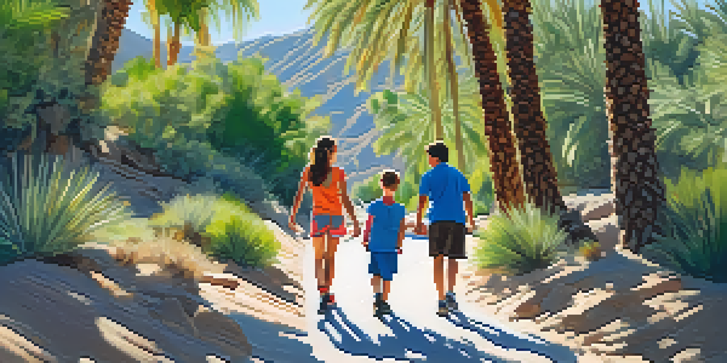 A family of four enjoys a leisurely hike on a palm tree-lined trail, with children excitedly spotting wildlife.