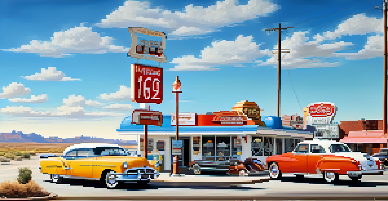 A vintage diner along Historic Route 66 with retro cars and quirky attractions in a sunny landscape.