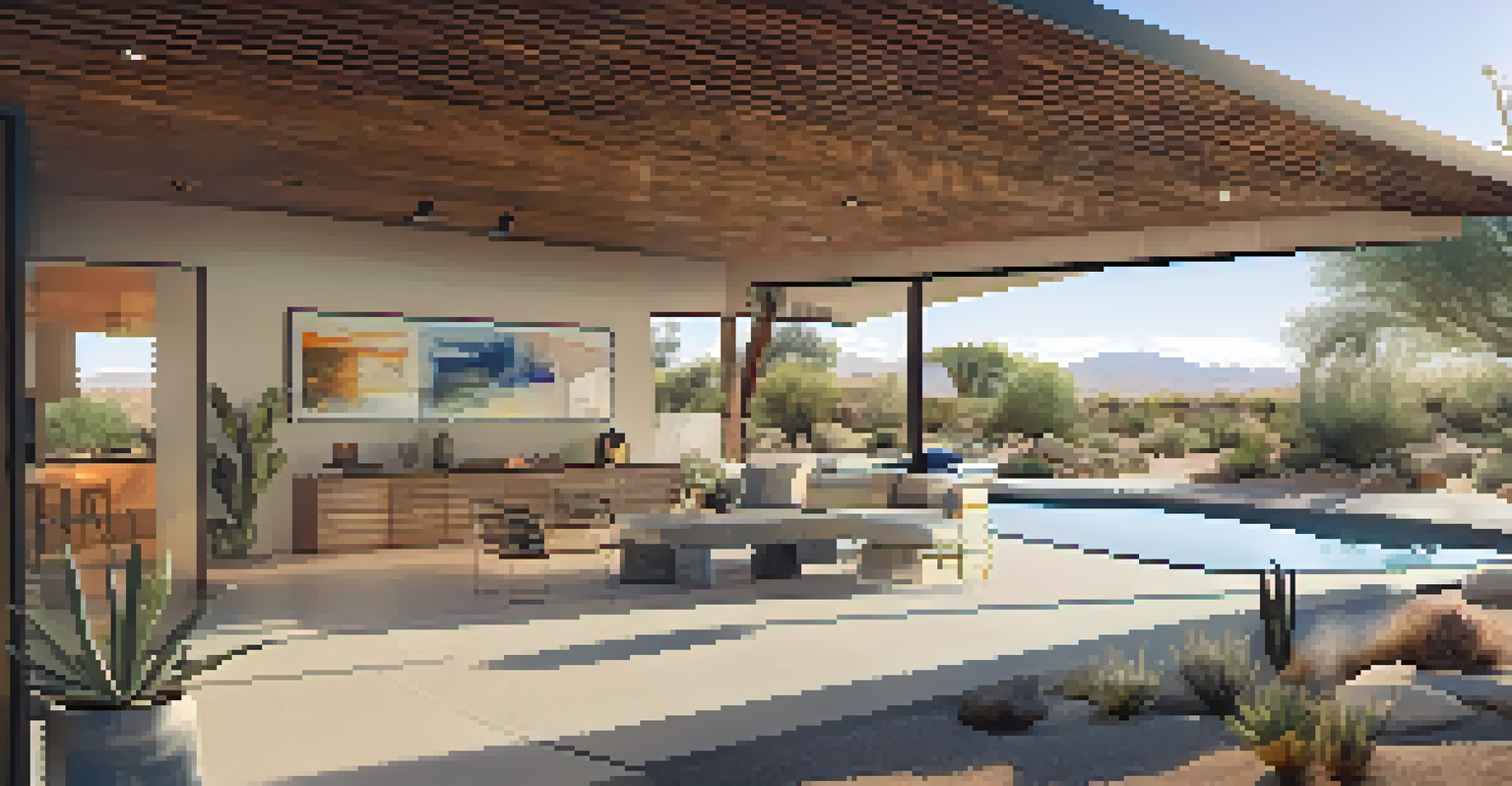A contemporary house with glass walls and an outdoor living space in a desert setting.