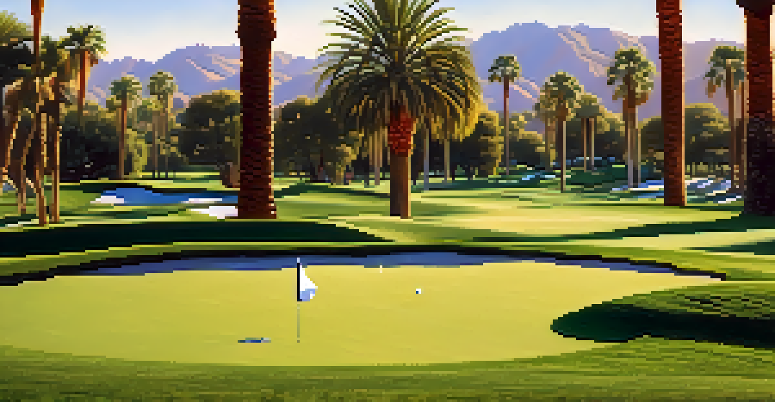 A close-up of a golf green with dew on the grass and a golf ball near the hole, with palm trees in the background.