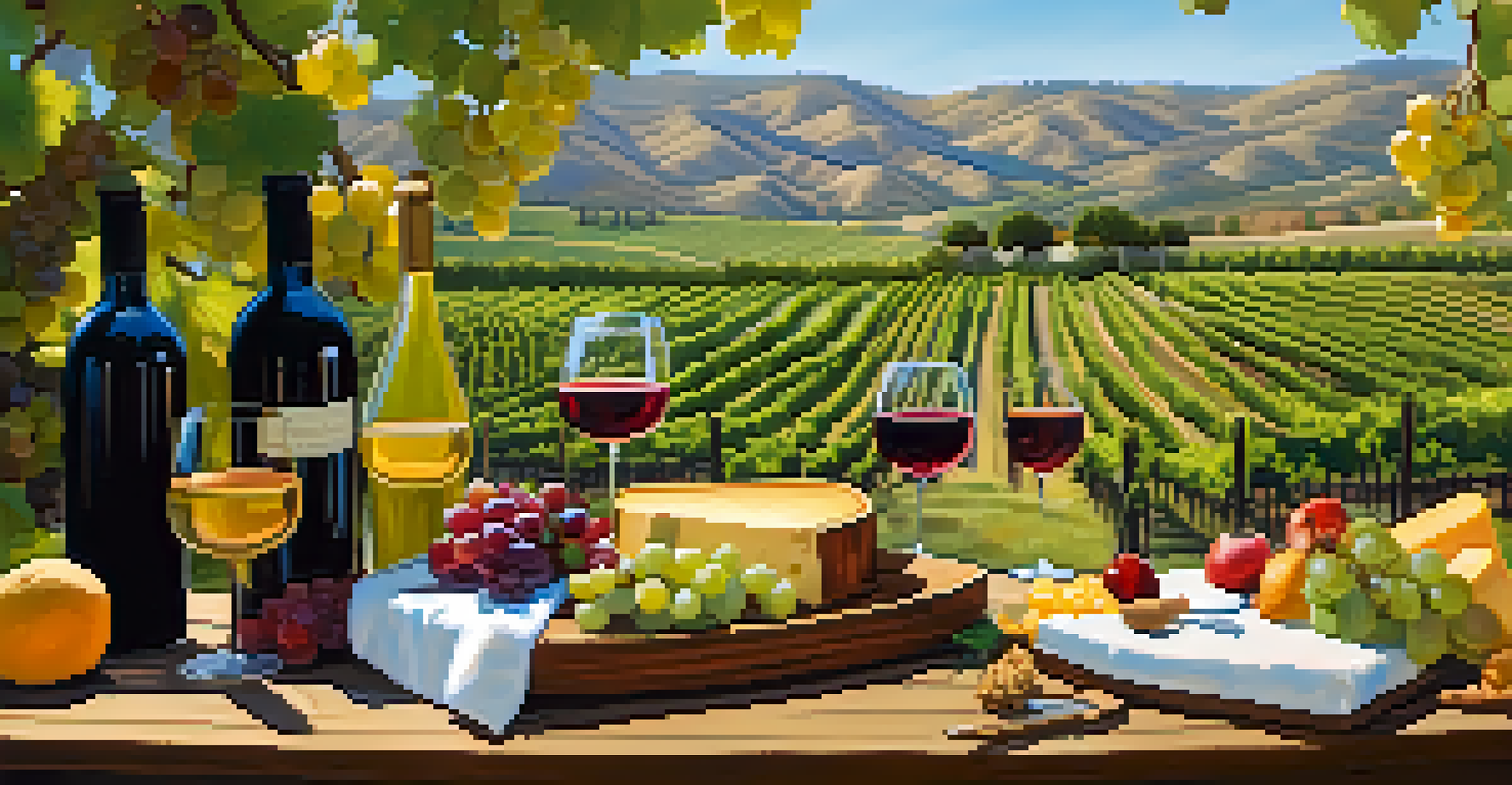 An outdoor wine tasting setup in Temecula Valley, featuring vineyards, local wines, cheese, and fresh fruits under a clear blue sky.