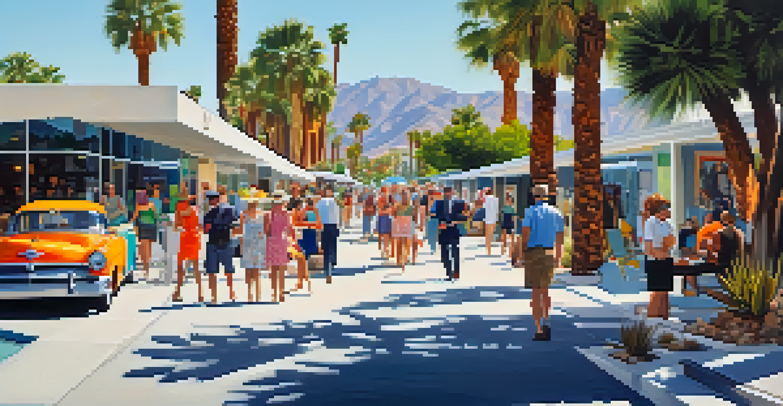 A bustling street in Palm Springs during Modernism Week with visitors admiring mid-century modern homes and art installations.