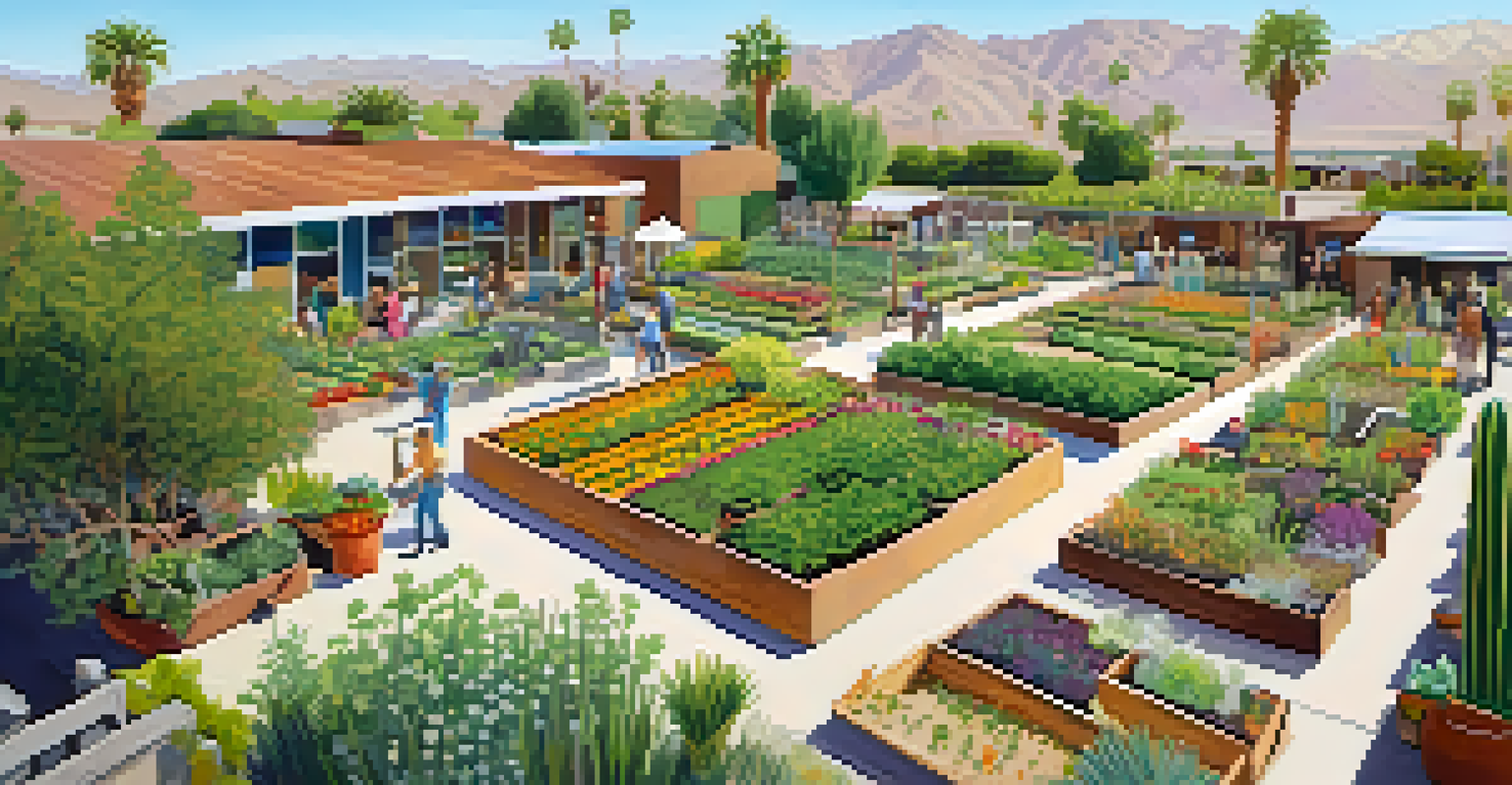 Aerial view of a thriving community garden in Palm Springs with organized plots of colorful plants and gardeners.