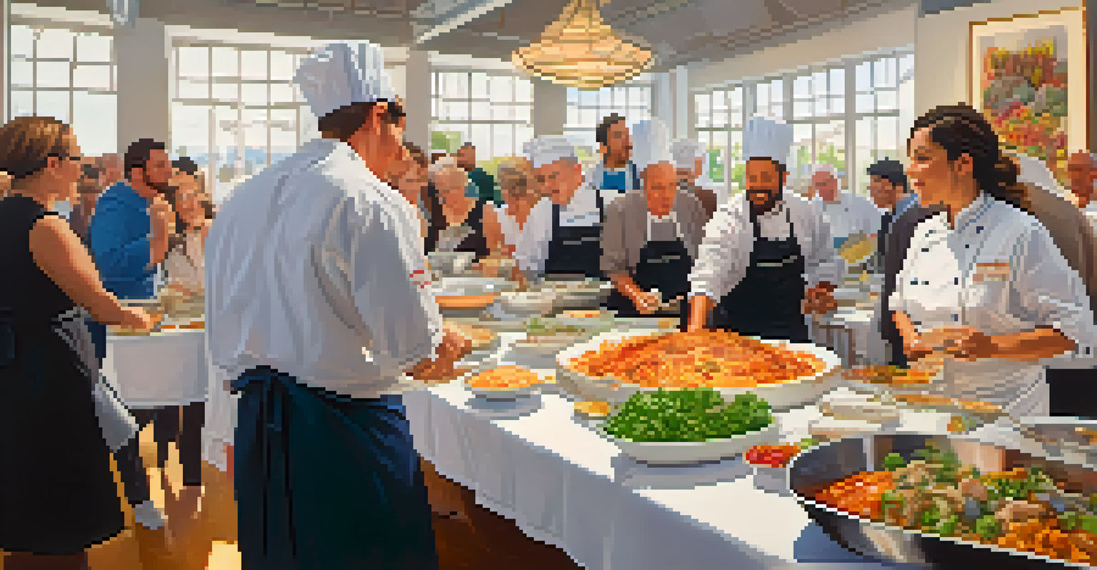 A chef plating a dish in an art gallery while guests admire the artwork.