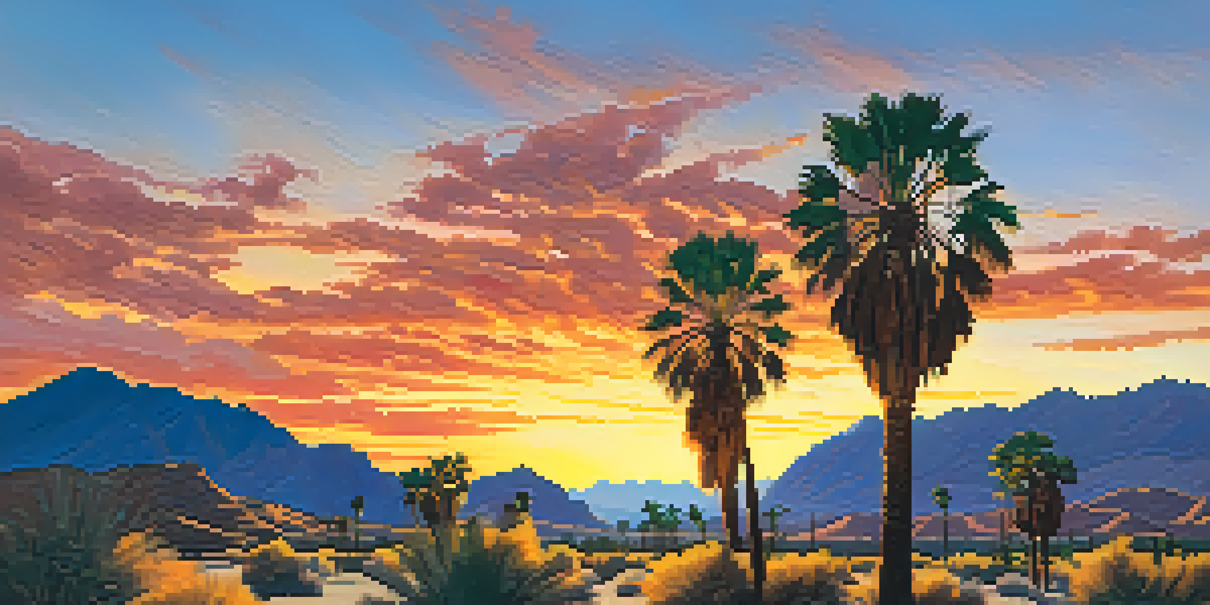 A picturesque sunset over the desert landscape, featuring silhouetted fan palms and glowing mountains in the background.