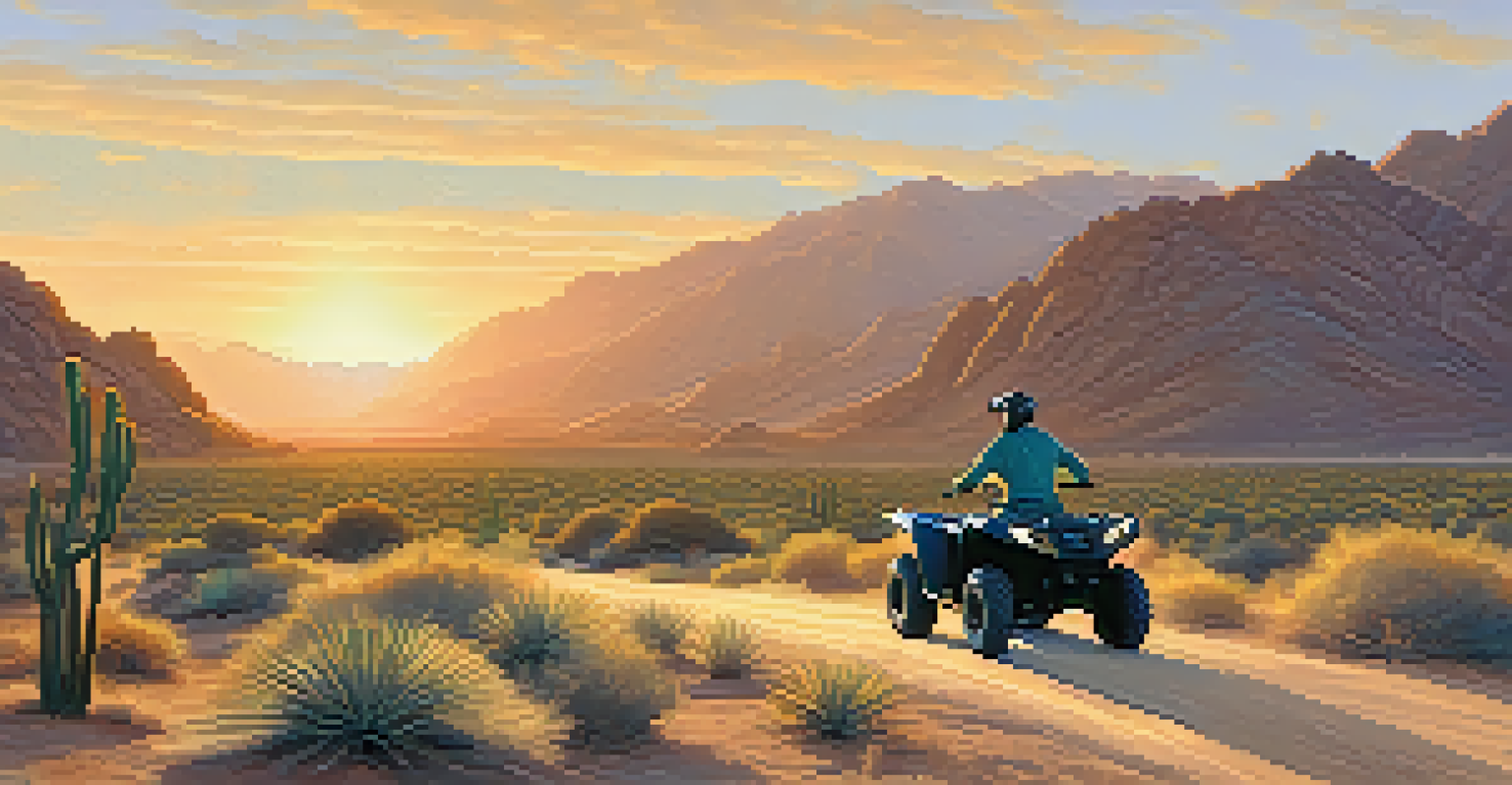 A lone rider on an ATV against a tranquil Palm Springs desert landscape at sunrise, featuring cacti and a winding trail illuminated by soft golden light.