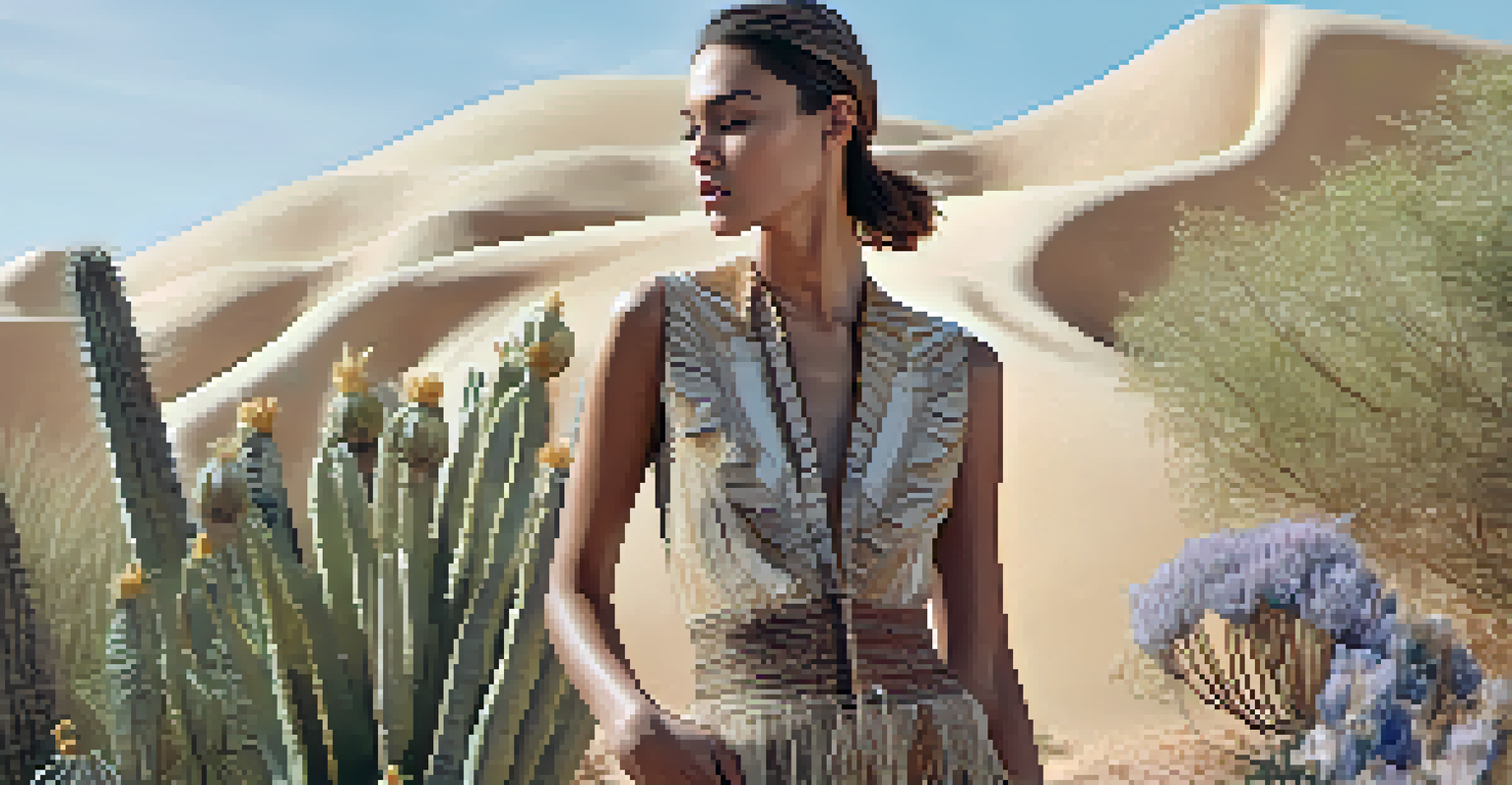 A model showcasing a stylish outfit made from organic materials in a sunlit desert garden, highlighting the textures and details of the garment.