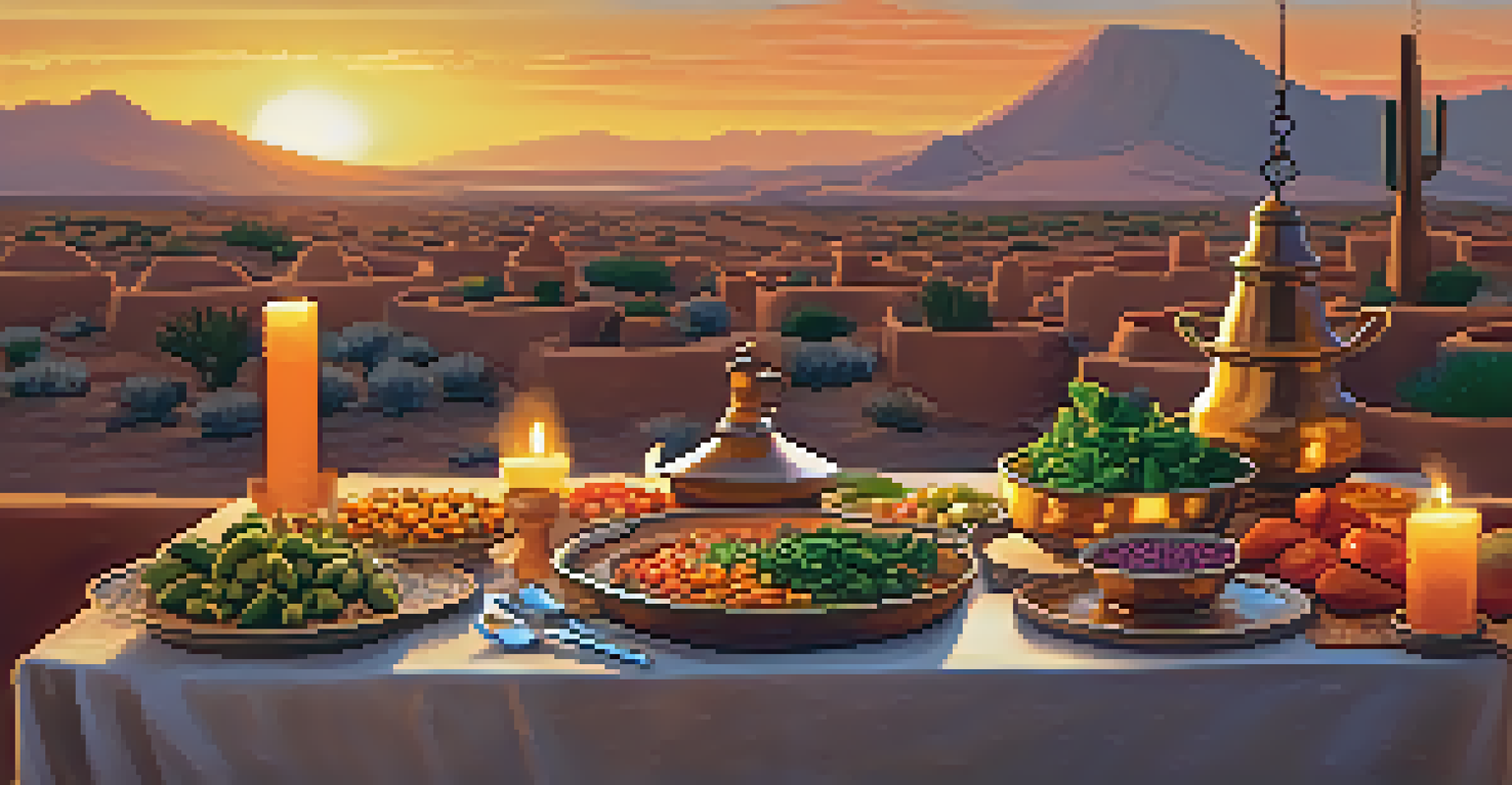 A beautifully plated Moroccan tagine on a dinner table outdoors, with soft lighting and a desert sunset backdrop.