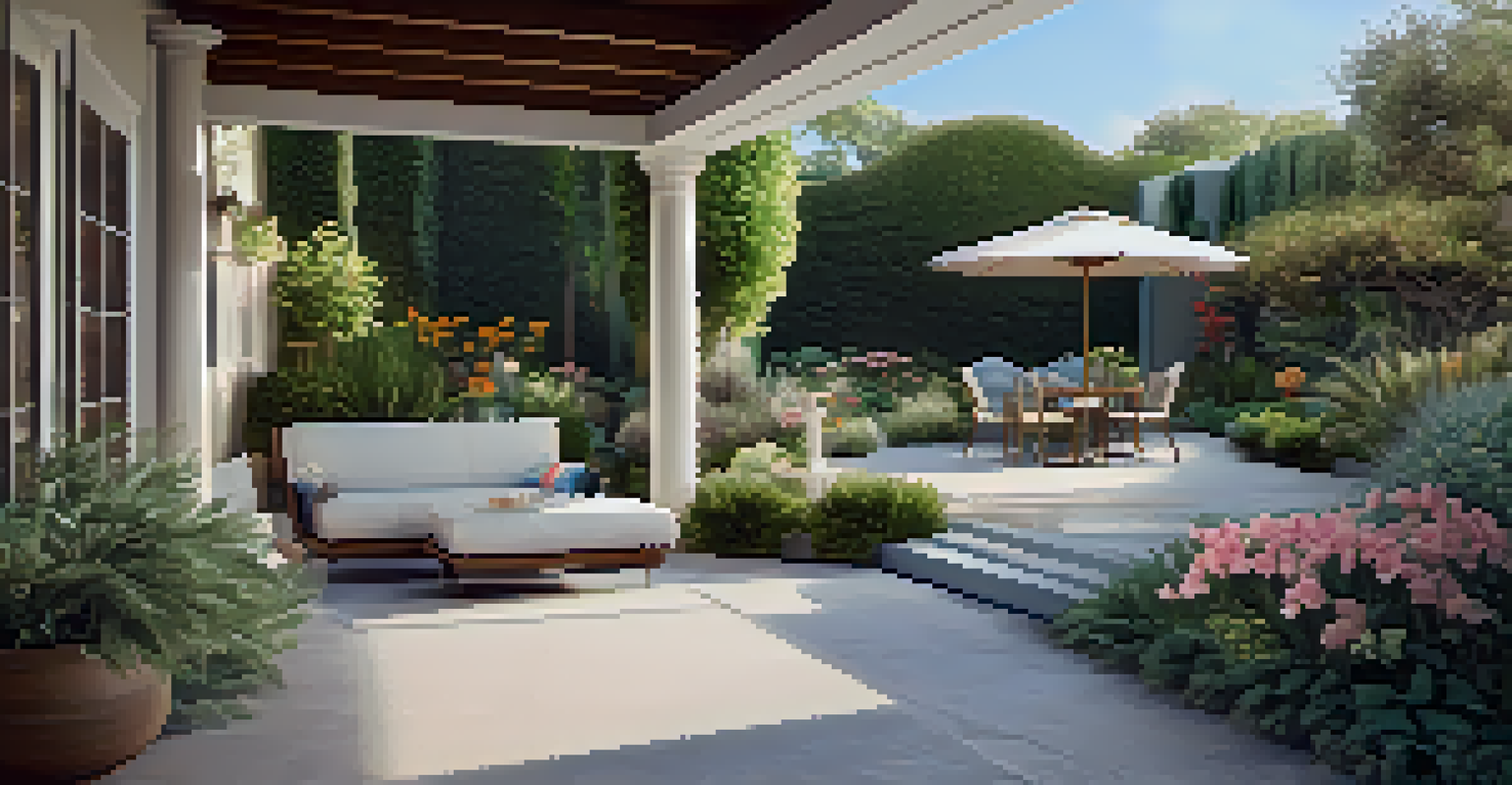 A beautiful garden pathway connecting an indoor area to an outdoor lounge with plants and a fountain.