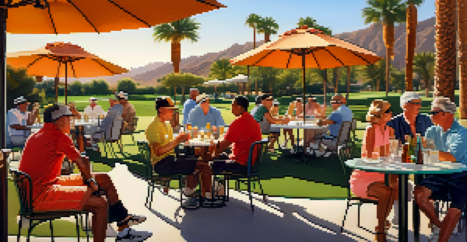 A group of diverse golfers socializing on a patio after a game, with palm trees and golf carts in the background.