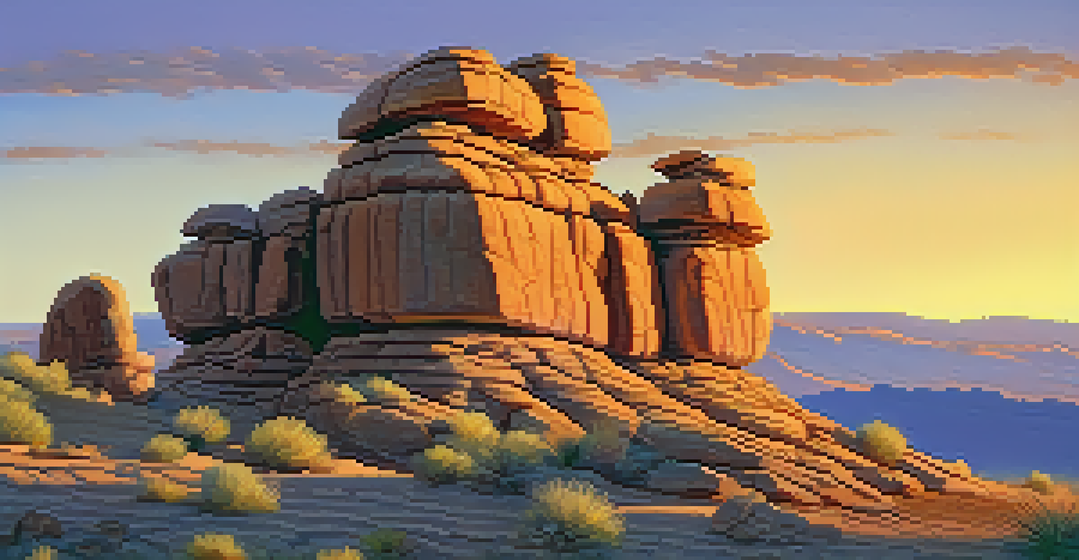 A close-up of textured desert rocks at sunset, with a gradient sky transitioning from orange to purple in the background.