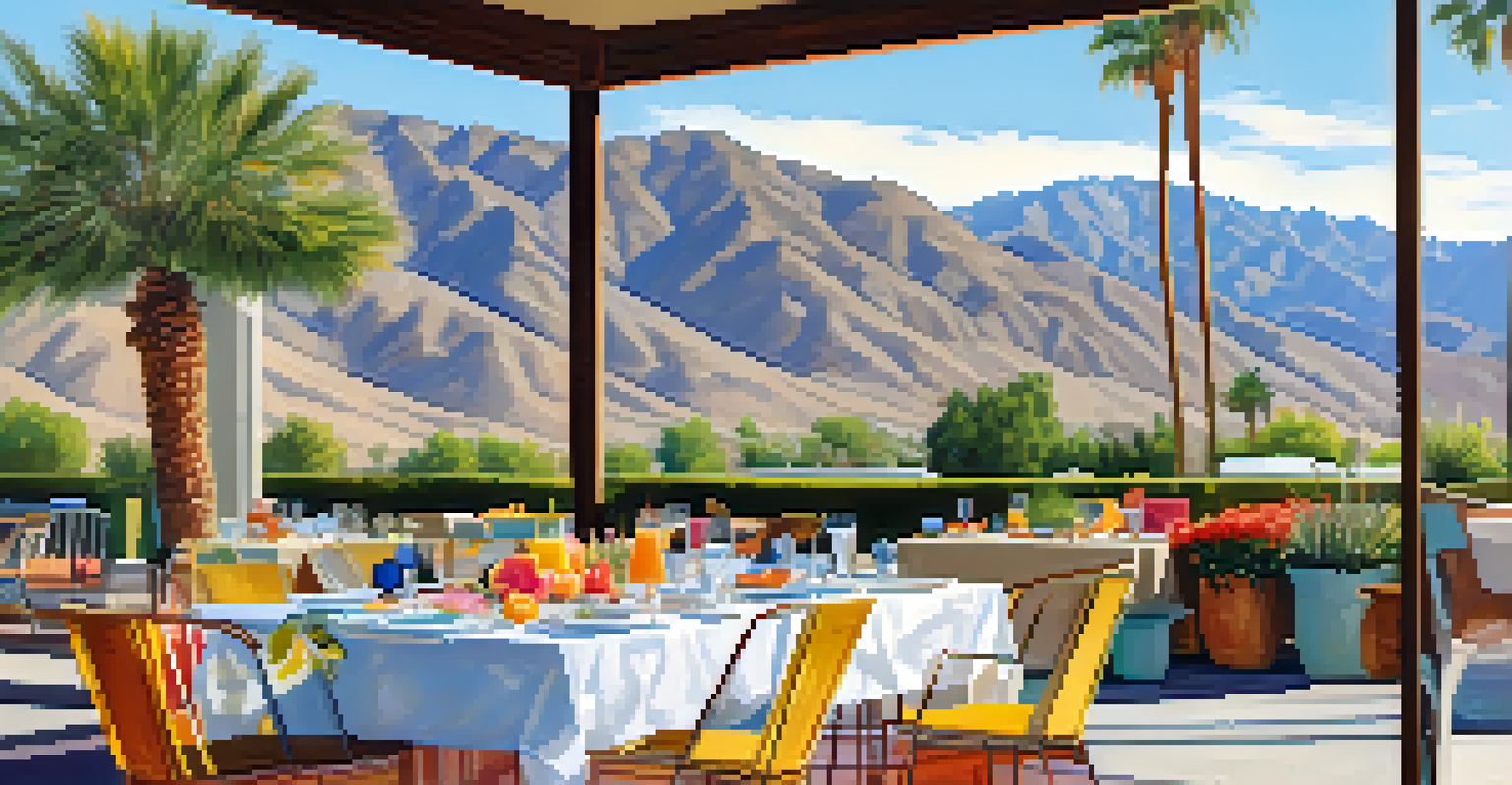 An outdoor dining setup featuring colorful dishes and drinks, with mountains and palm trees in the background.