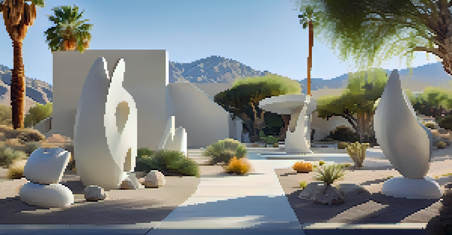 A peaceful sculpture garden at the Palm Springs Art Museum with modern sculptures surrounded by blooming desert plants and soft sunlight.