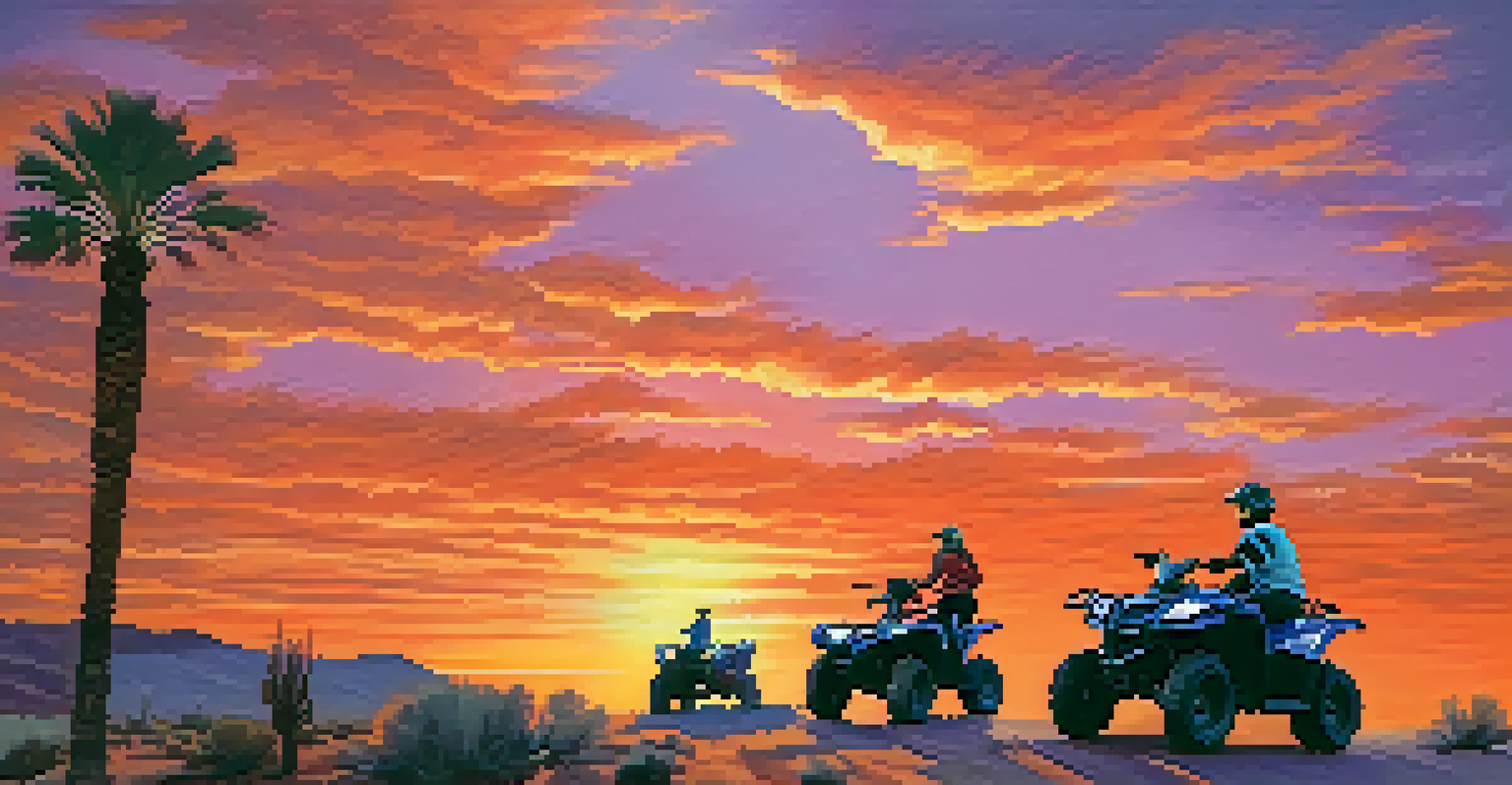 Silhouettes of riders on ATVs against a breathtaking sunset in Palm Springs, with a sky full of orange, pink, and purple colors over the desert landscape.