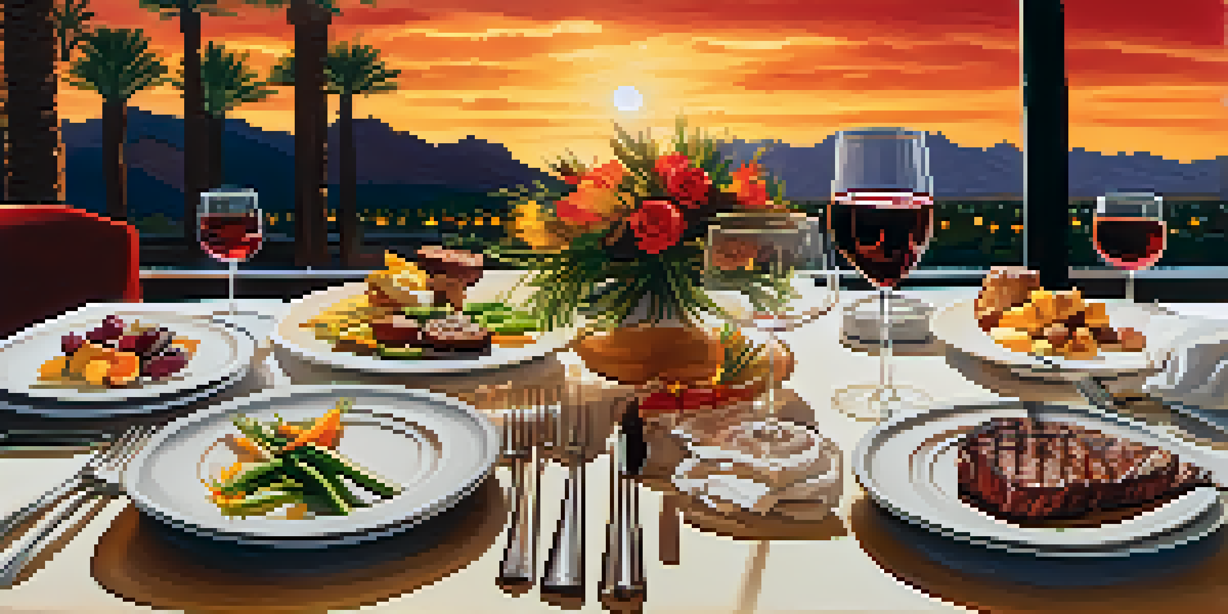 A dining table in a Palm Springs restaurant, set with fine china and wine glasses, showcasing a gourmet meal of grilled steak and vegetables under a golden sunset.