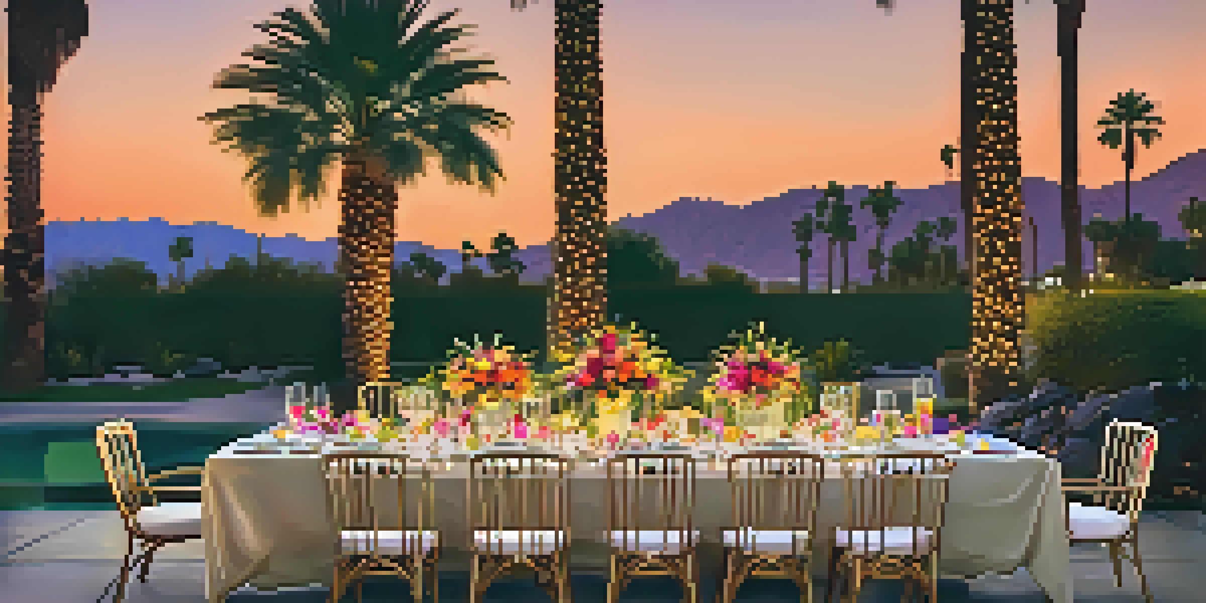 An outdoor dining setup with a table decorated with fine china and flowers, illuminated by fairy lights among palm trees at sunset.