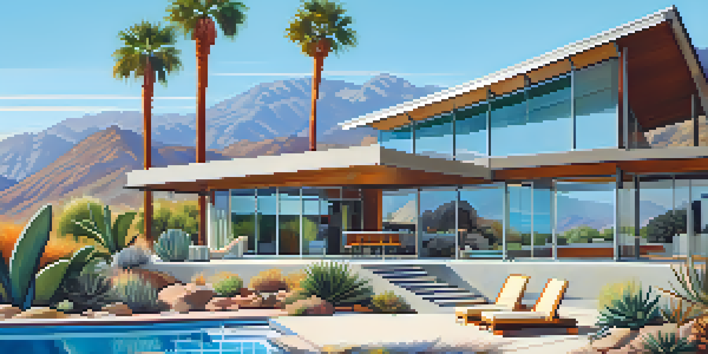 A Mid-Century Modern house in Palm Springs surrounded by desert vegetation and mountains, featuring large glass windows and a swimming pool.