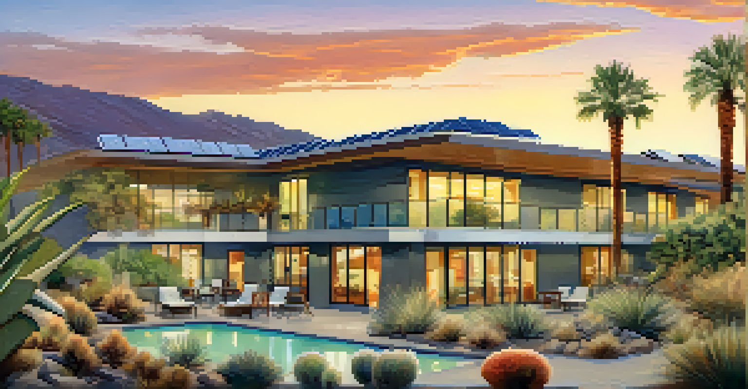 An eco-friendly hotel with solar panels and native plants in Palm Springs.