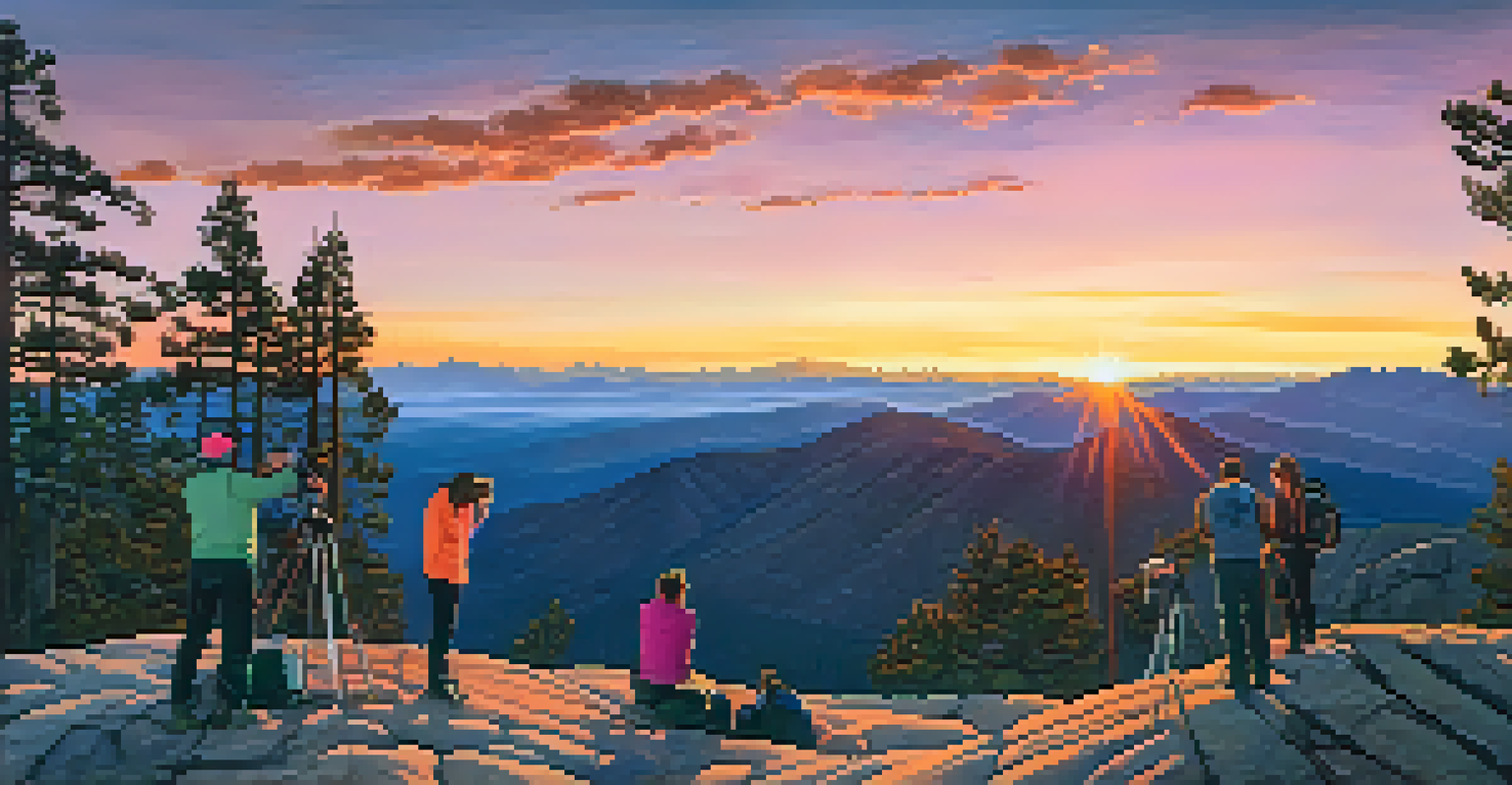 Hikers at the summit of Mount San Jacinto preparing for stargazing as the sun sets, with a colorful sky and emerging stars.