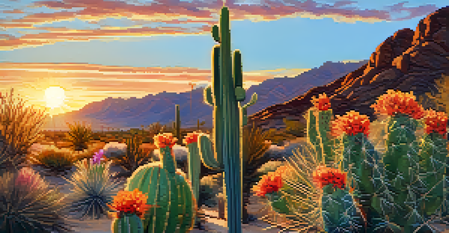 A close-up of blooming desert plants in Palm Springs with a sunset in the background.