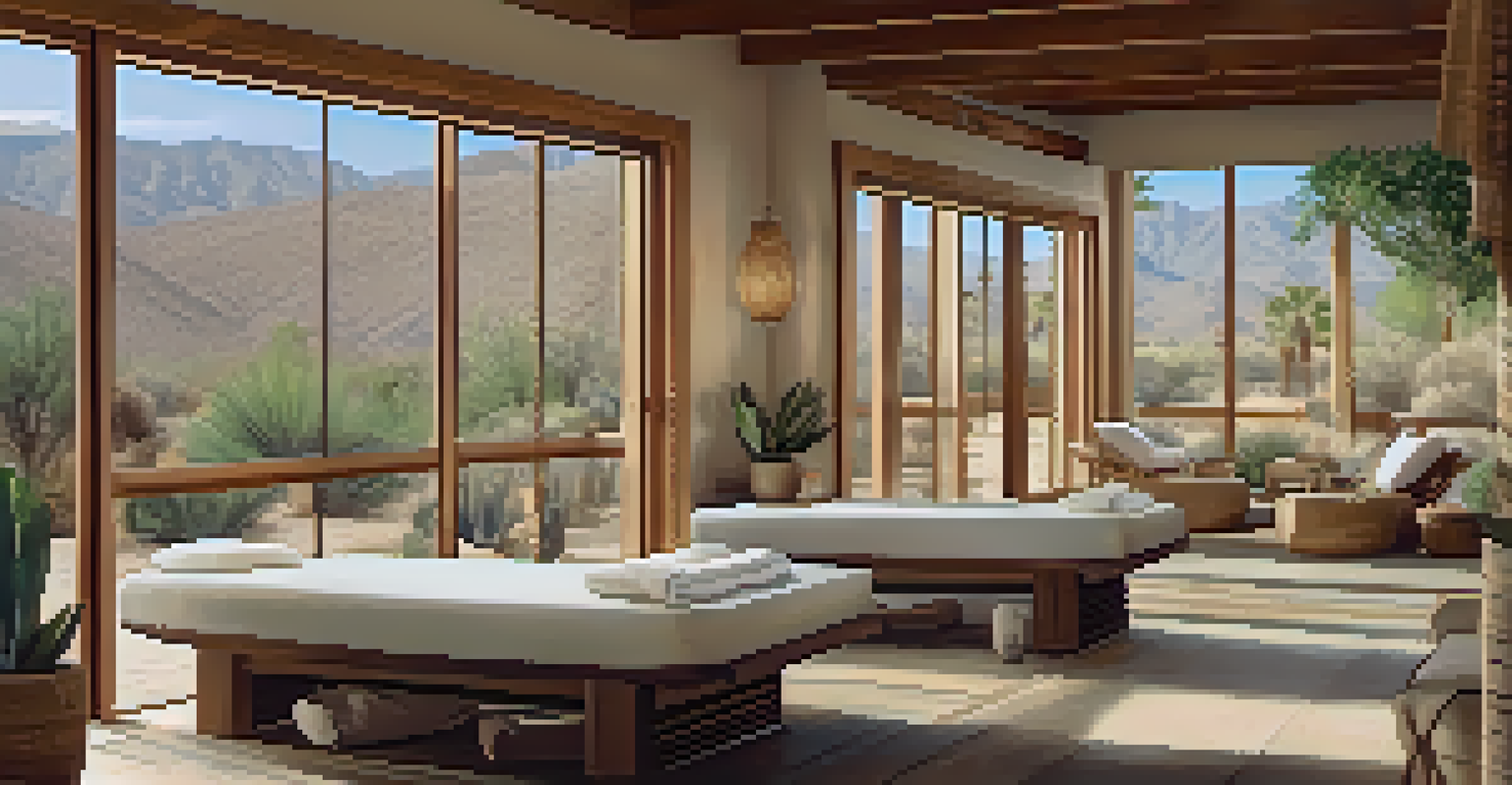 A tranquil spa area in an eco-resort in Palm Springs, showcasing natural decor and guests enjoying relaxing treatments amidst a beautiful desert view.