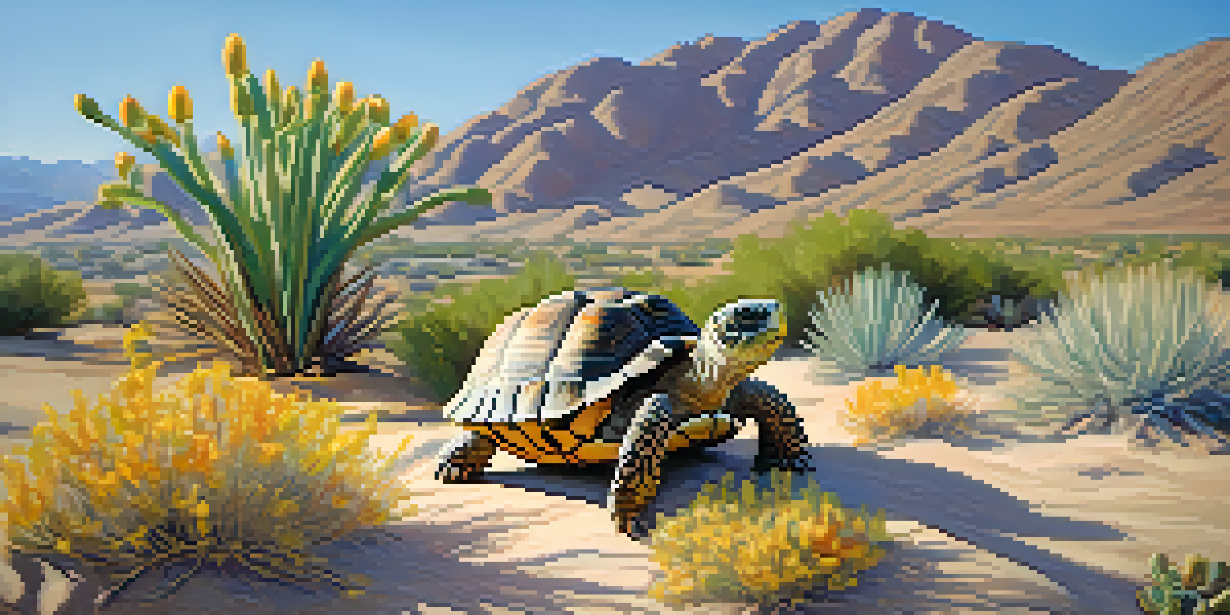 A desert tortoise moving across sandy terrain with wildflowers, against a backdrop of mountains and a clear sky.