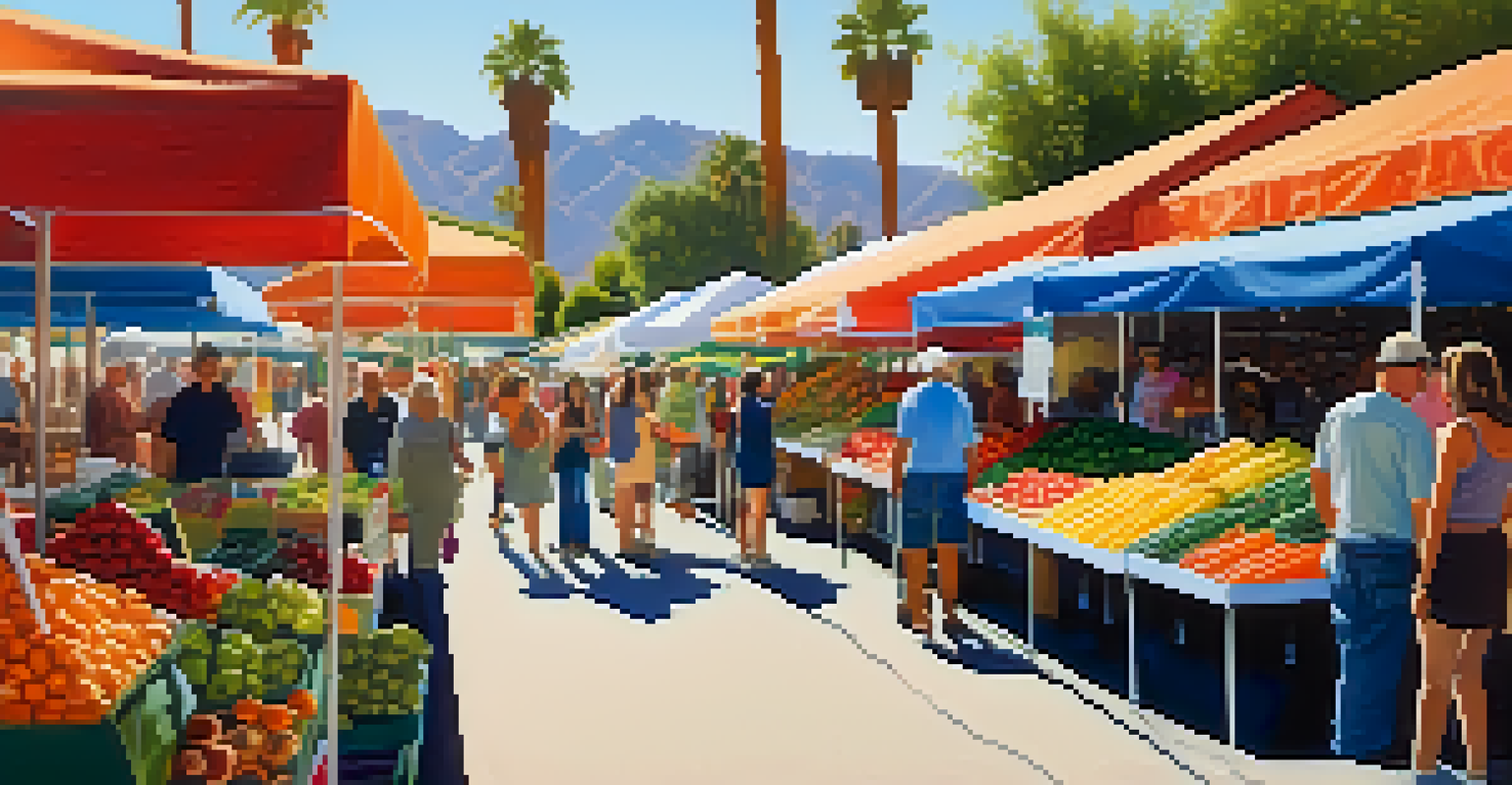 A bustling farmers' market in Palm Springs with colorful stalls of fresh produce and local artisans showcasing crafts under warm sunlight.