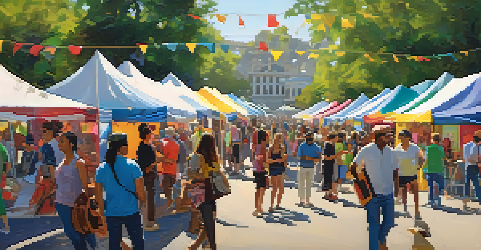 A vibrant art festival scene with diverse people viewing art displays and enjoying live music.
