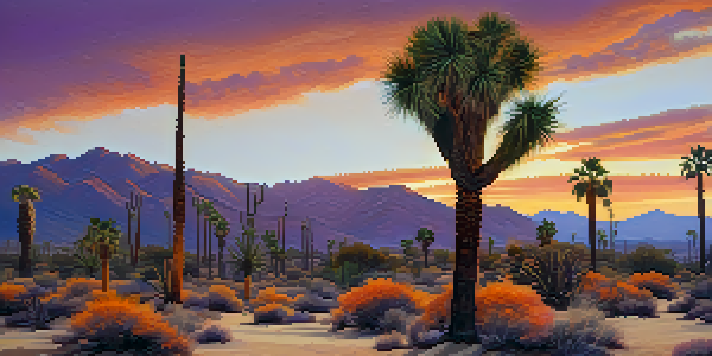 A beautiful desert landscape in Palm Springs during sunset, showcasing Joshua trees, cacti, and mountains in the background.