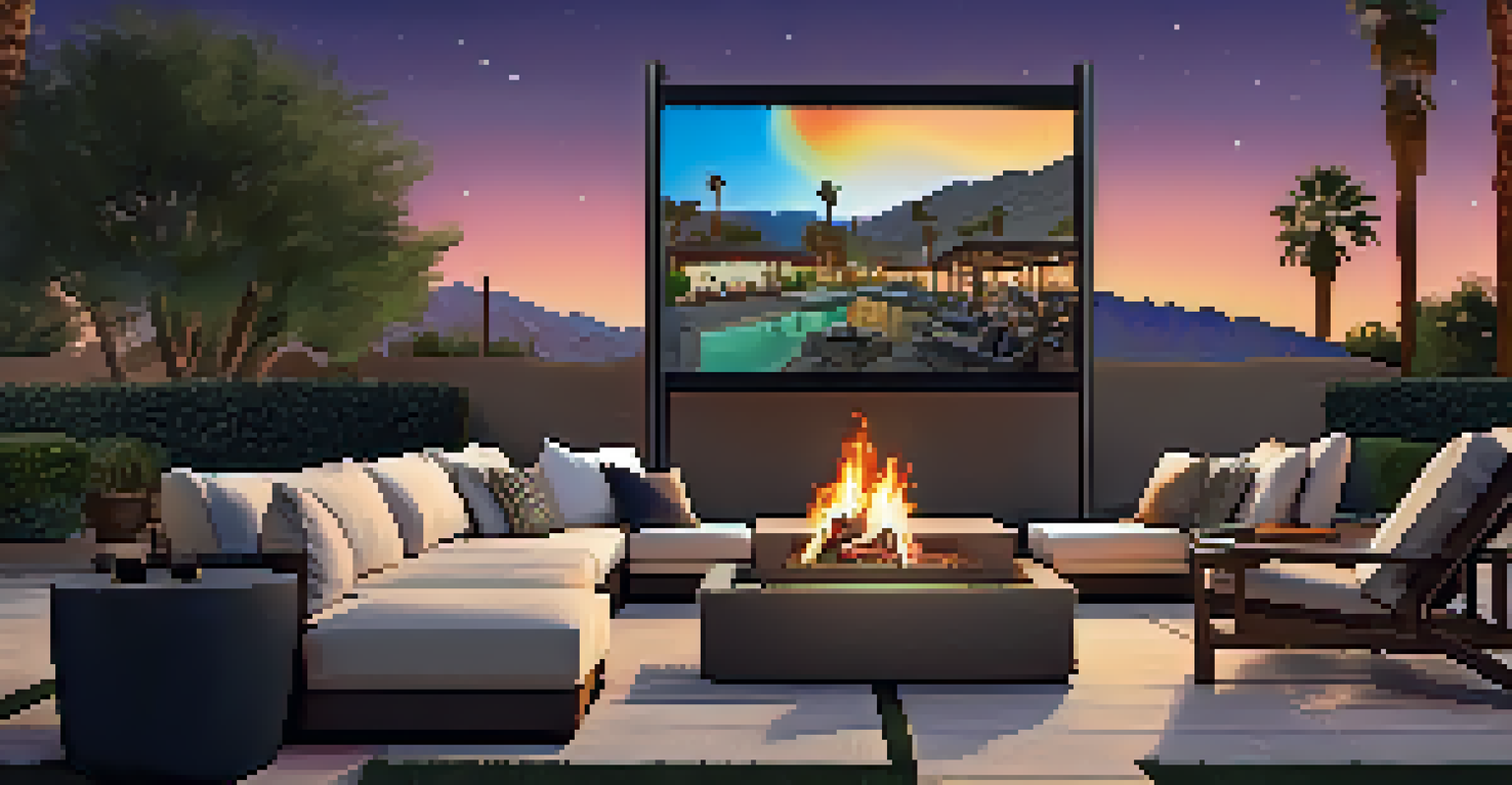 An outdoor entertainment setup in Palm Springs with a projector screen, friends gathered around a fire pit, enjoying a movie night under the stars.