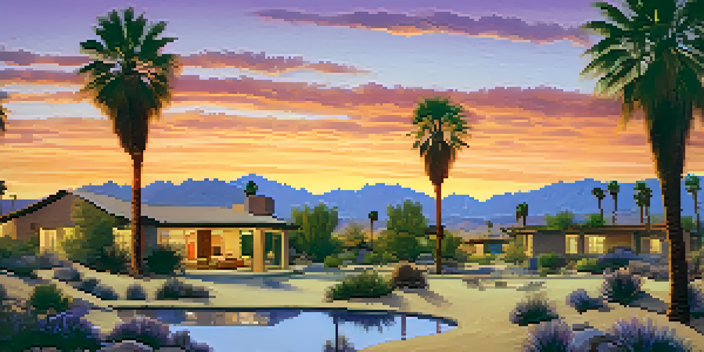 A sunset view of Palm Springs featuring natural springs, palm trees, and mountains, illustrating the Cahuilla people's traditional lifestyle.