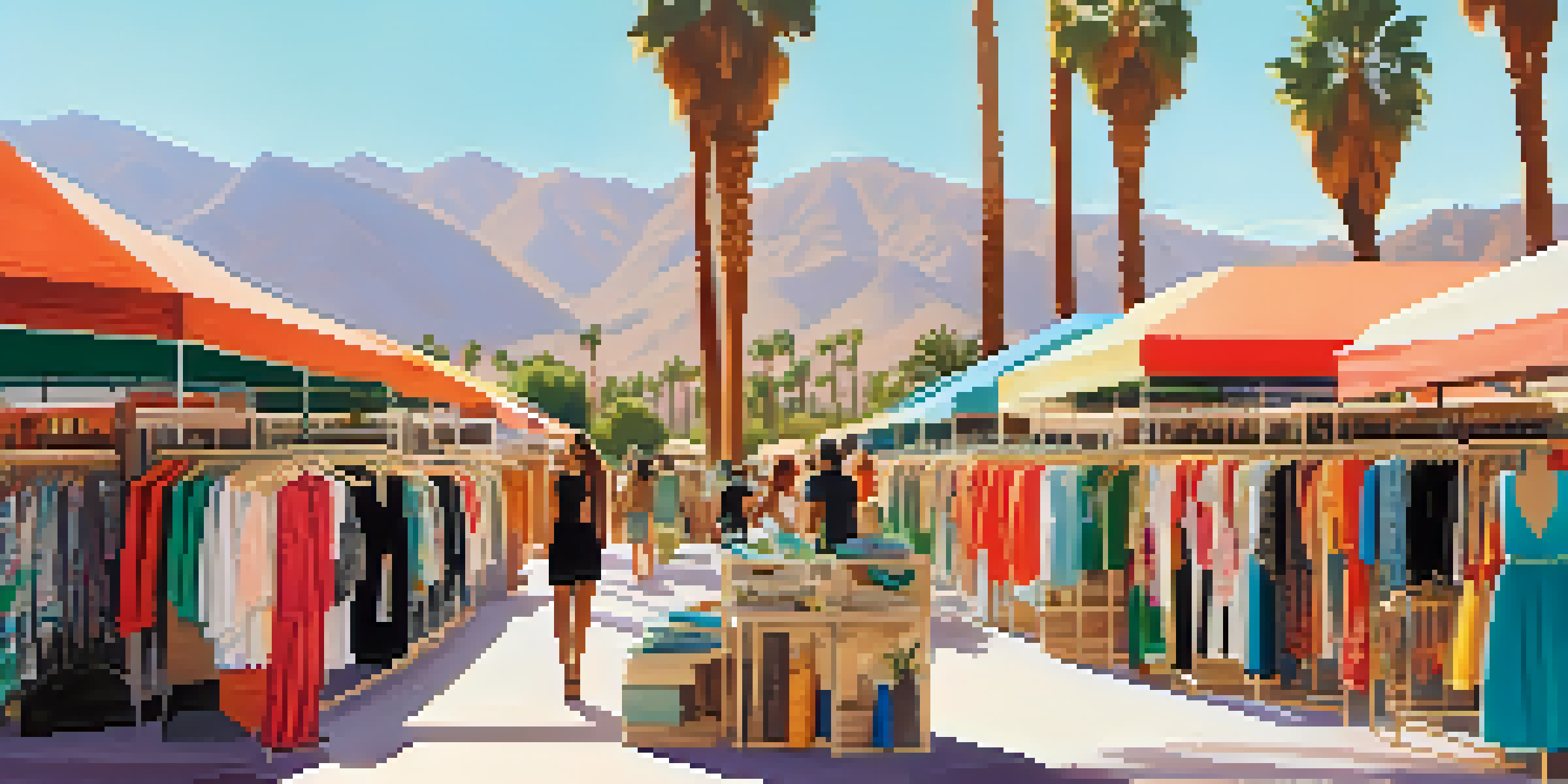 An outdoor fashion market in Palm Springs with colorful stalls of eco-friendly clothing and accessories, surrounded by palm trees and mountains.