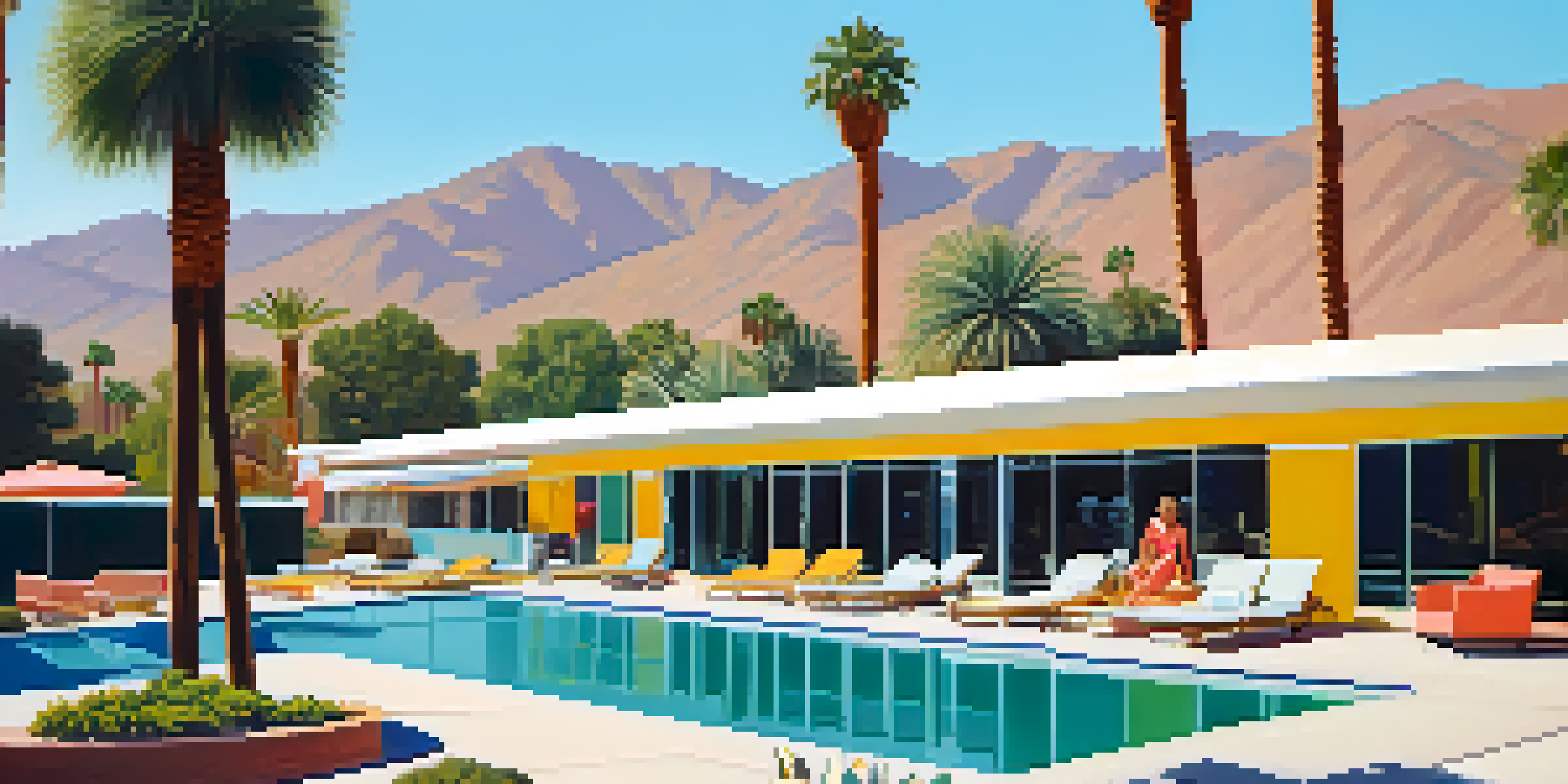 A vibrant mid-century modern boutique hotel with a pool, palm trees, and mountains in the background on a sunny day.