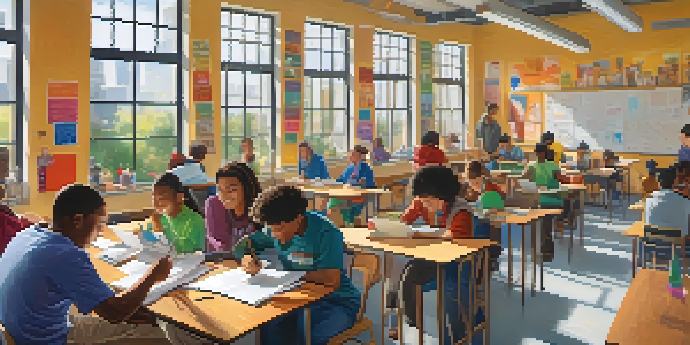 A bright classroom with adult learners of various ages engaged in activities like using laptops, painting, and playing music, surrounded by educational posters.