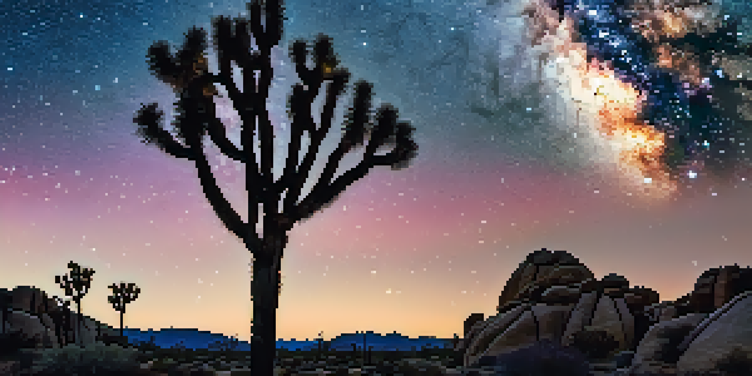 A starry night sky over Joshua Tree with a silhouette of a cactus and rocky formations in the foreground.
