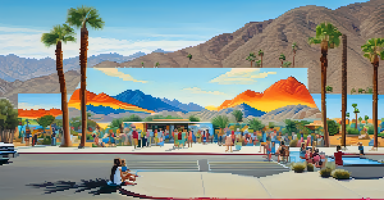 A vibrant mural in Palm Springs depicting local culture and landscapes, with people admiring the artwork under a sunny sky.