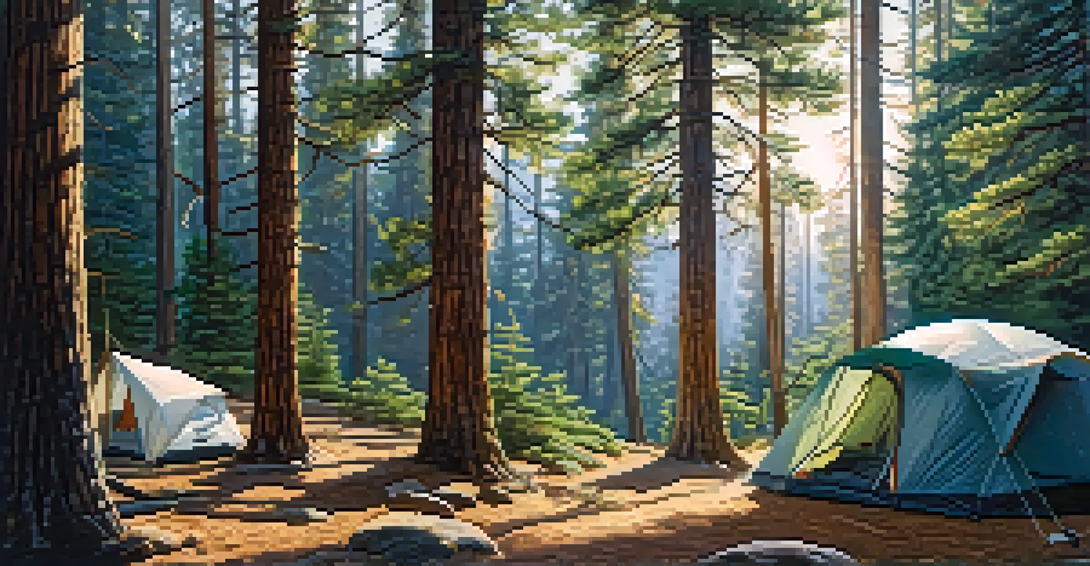 A cozy campsite in a lush forest, with a tent, campfire, and a hiking trail surrounded by tall pine trees in Idyllwild.