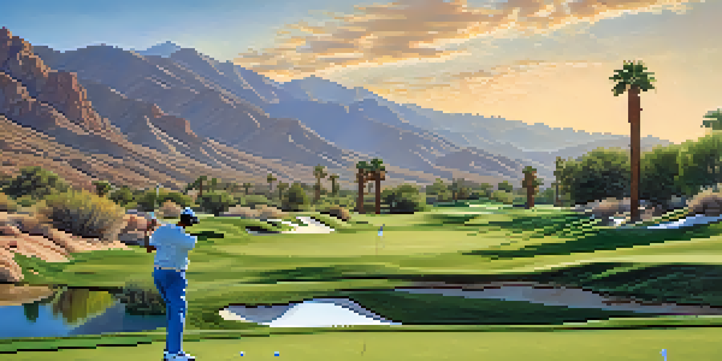 A golfer getting ready to tee off at the 7th hole of Indian Canyons Golf Resort, with a scenic desert landscape and mountains in the background.