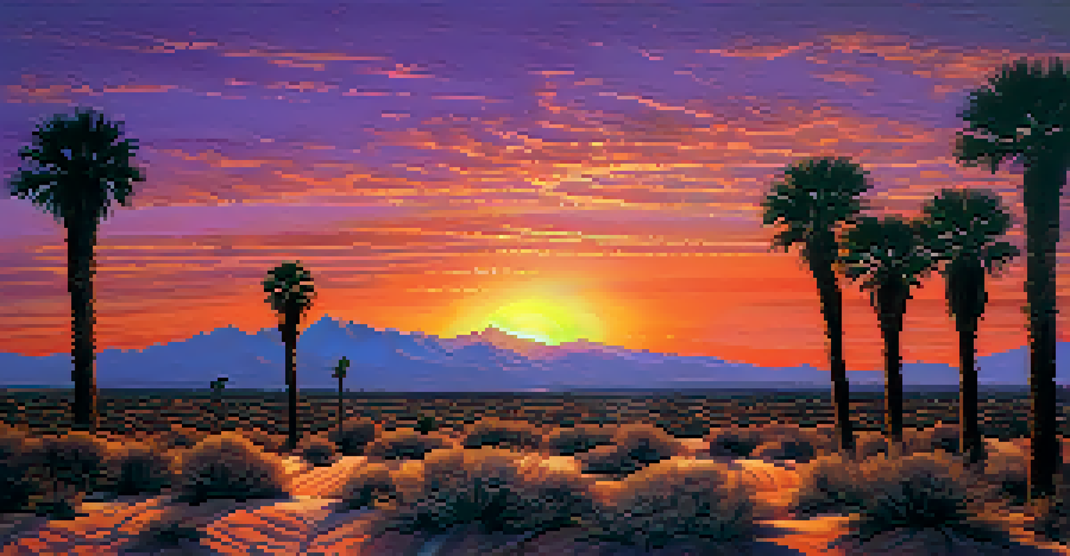 A stunning desert scene at sunset with palm trees silhouetted against a colorful sky.