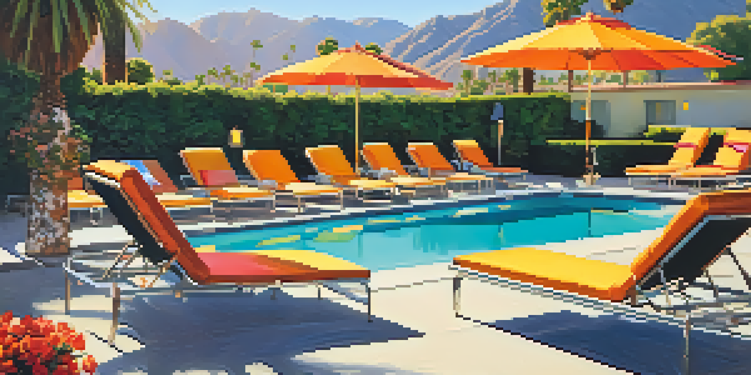 A vibrant pool area of the historic Riviera Palm Springs, surrounded by lush gardens and mountains, under warm golden sunlight.