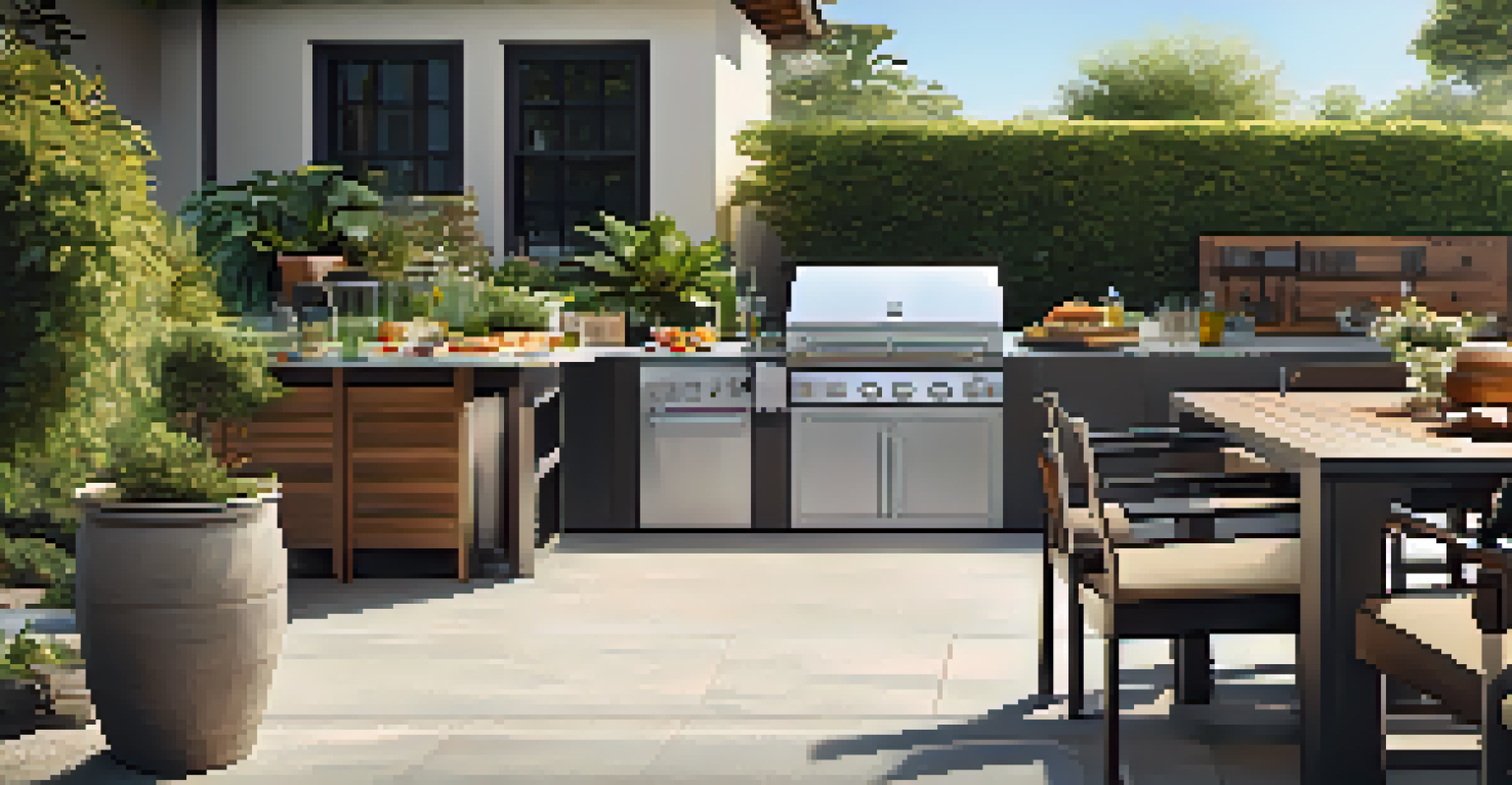 A modern outdoor kitchen with a barbecue grill and dining area, surrounded by plants on a sunny day.