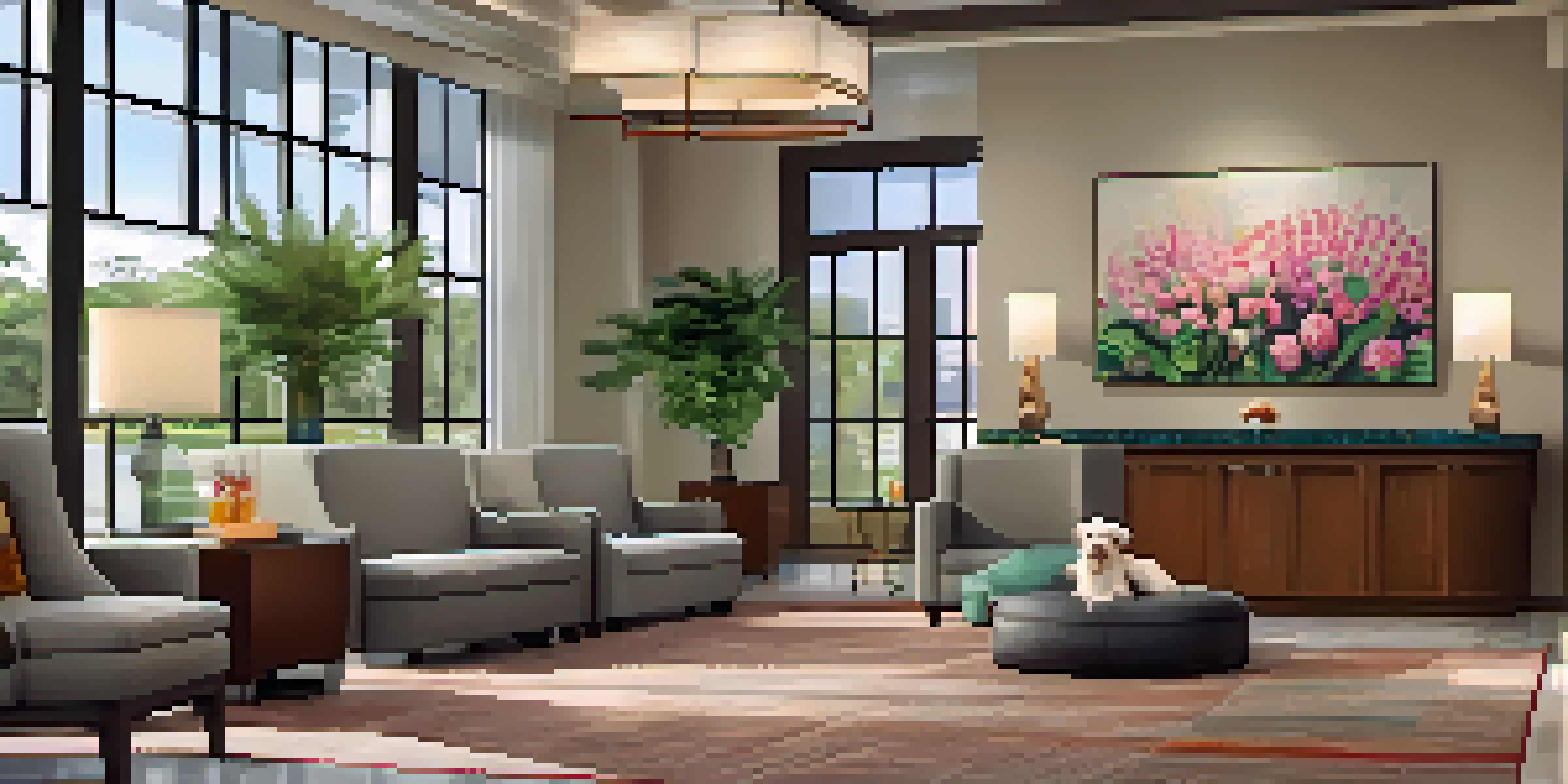 A cozy hotel lobby with a small dog on a pet bed and a welcoming front desk.