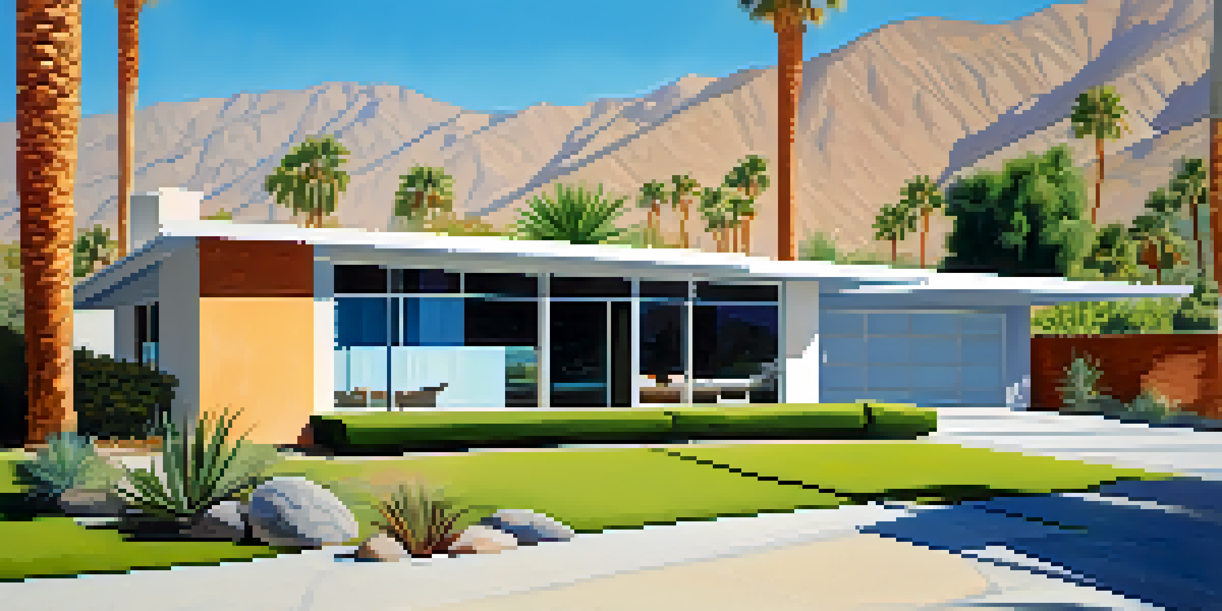 A mid-century modern house surrounded by palm trees and mountains under a clear blue sky.
