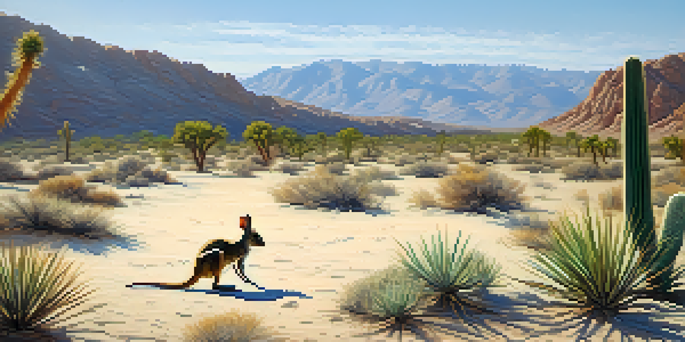 A desert landscape with a kangaroo rat foraging in the sand under a bright blue sky, illustrating the harsh conditions of Palm Springs.