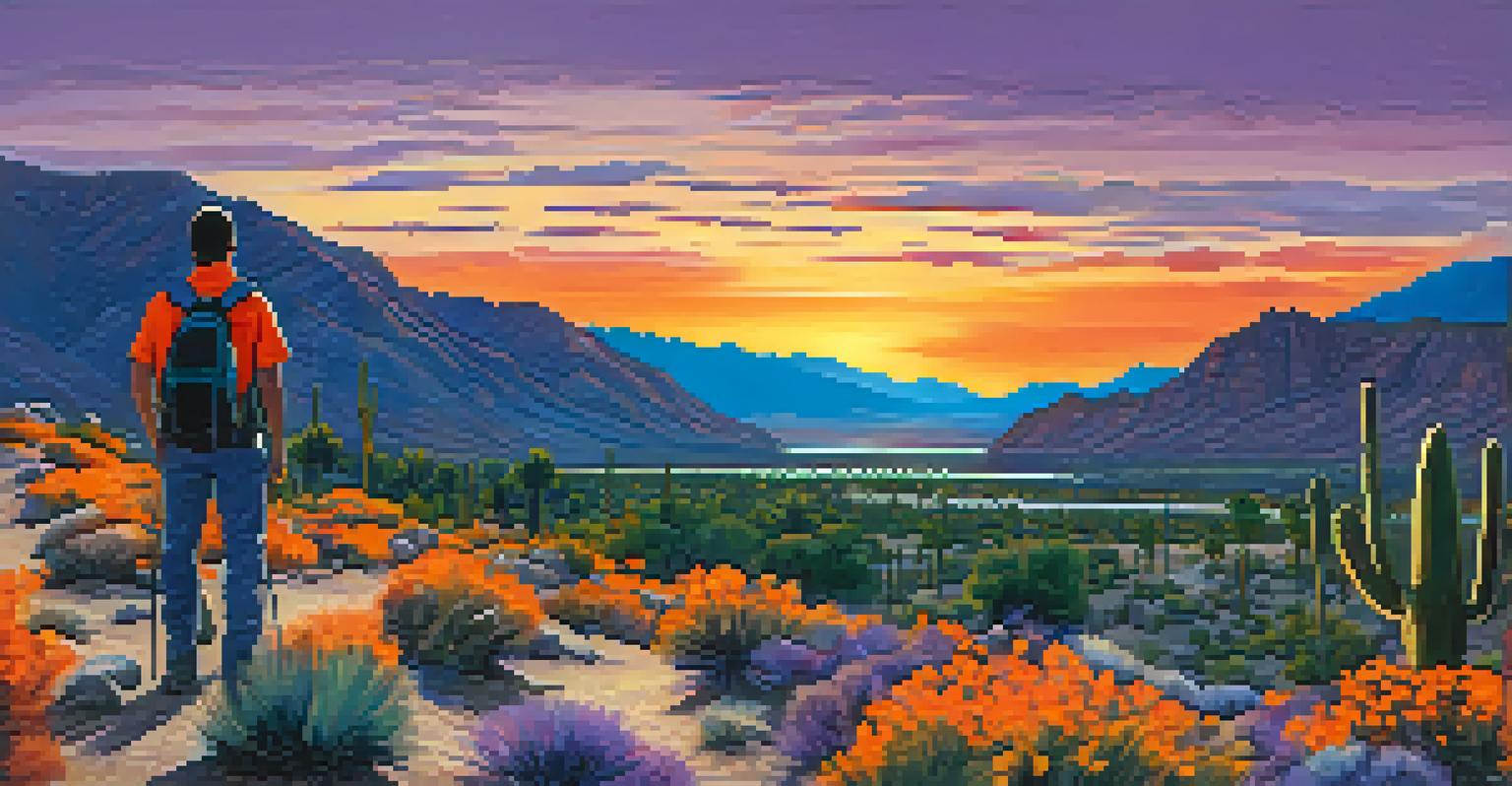 A hiker standing on a trail overlooking the Palm Springs mountains at sunset, with vibrant skies and colorful wildflowers.