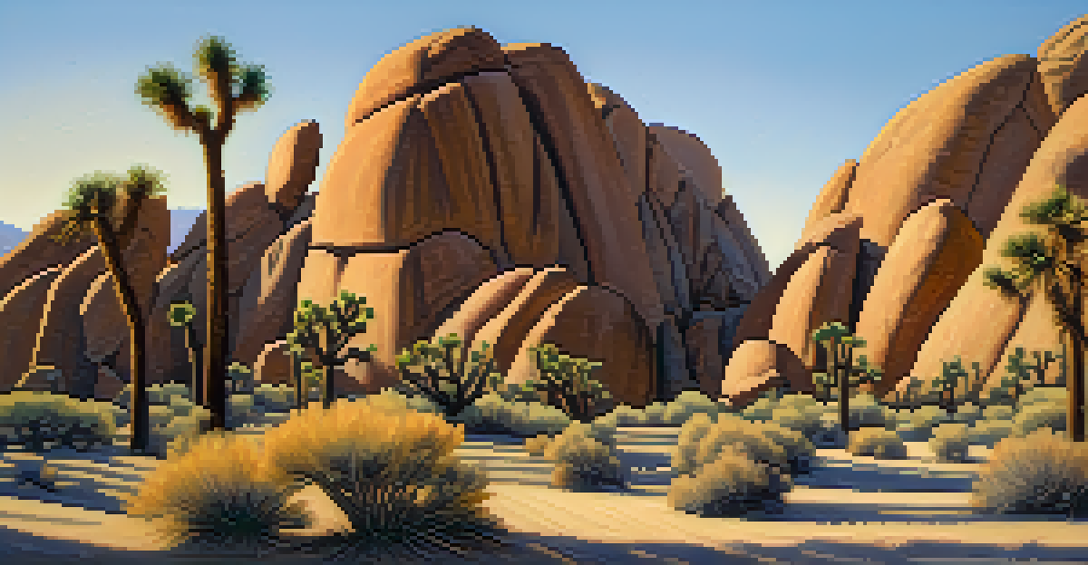 A beautiful landscape in Joshua Tree National Park with a rock formation and Joshua trees during golden hour, showcasing serene colors in the sky.